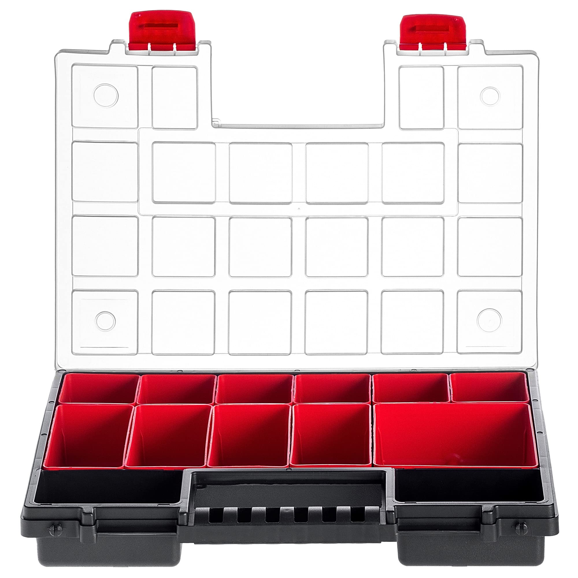 KADAX Organizer con Coperchio Trasparente – Cassetta Porta Minuteria a Scomparti per Viti, Bulloni, Ferramenta, Officina e Garage – Plastica Resistente (34 x 25 cm, 12 Pezzi)