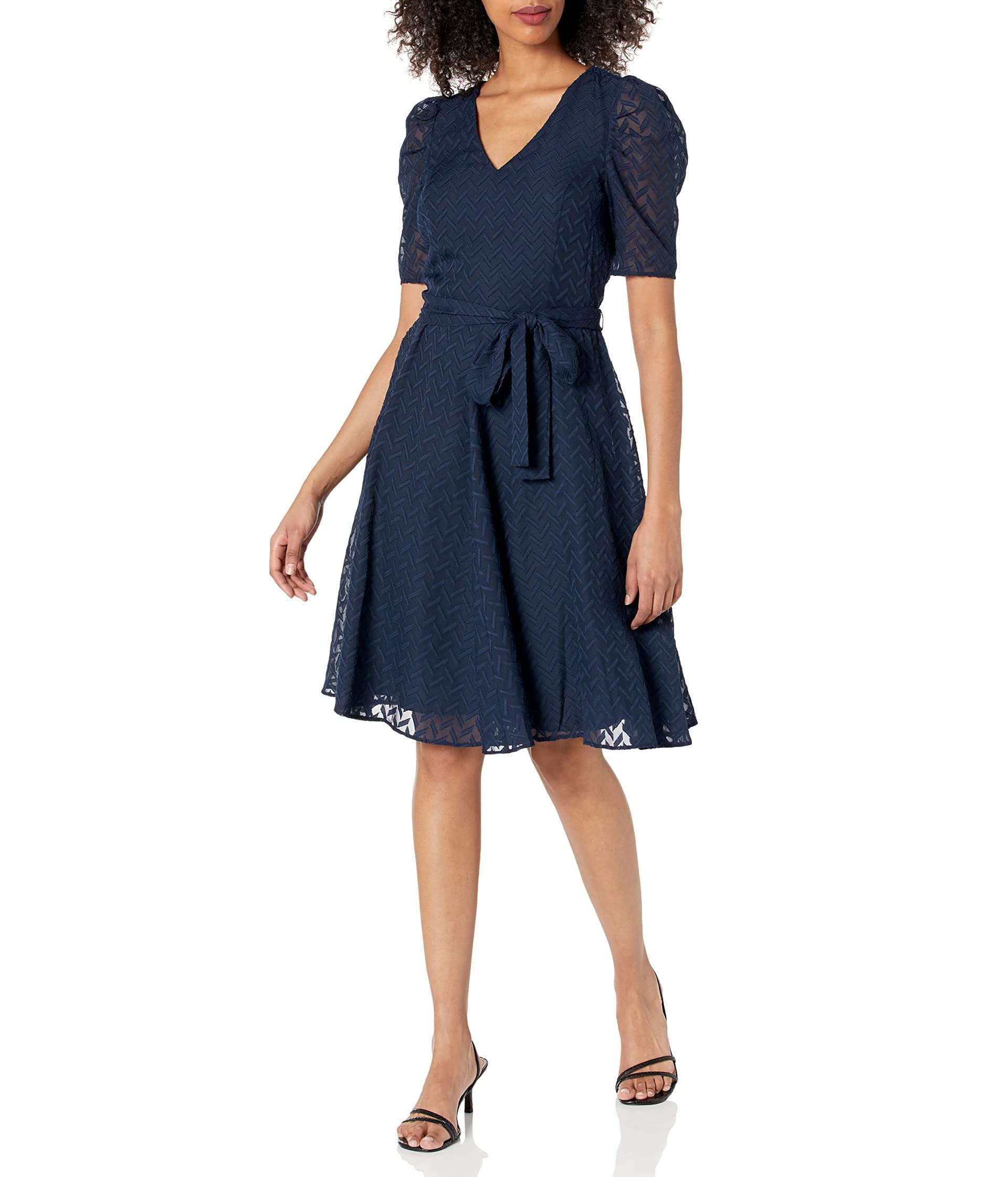Tommy Hilfiger Women's Puff Sleeve V-Neck Tie Waist Chiffon Mini Dress