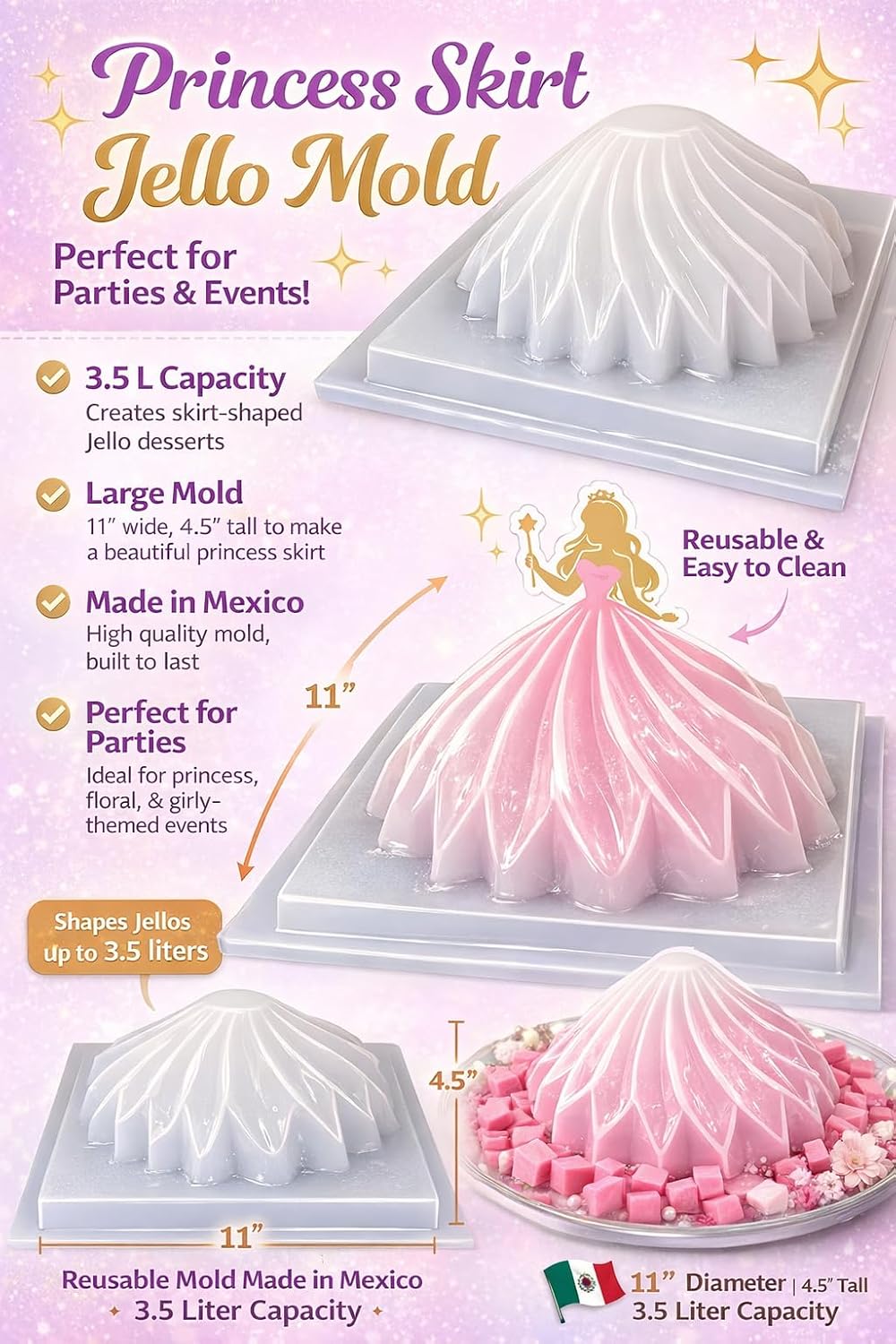 Large Spiral Princess Skirt Gelatin Mold – Molde Falda de Princesa Espiral para Gelatina – Plastic Jello Mold for Gelatin & Cold Desserts – Made in Mexico