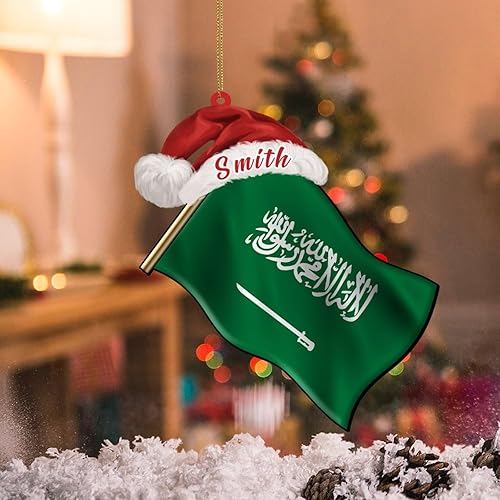 Miniatura 5 de CowkissSign Adornos acrílicos de Arabia Saudita para decoraciones de Navidad, bandera de Arabia Saudita con sombrero de Santa personalizado, adornos