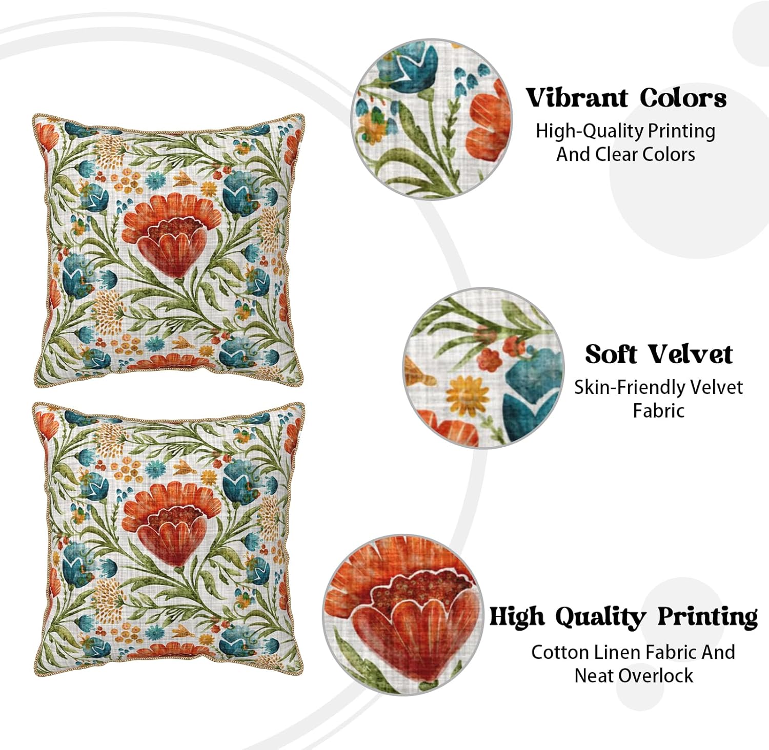 Red Blue Bright Floral Soft Velvet Throw Pillow Covers Set of 2 Colorful Flowers Green Leaf Plant Decorative Pillow Covers 20x20 Inch Boho Rustic Pillow Case For Sofa Couch Living Room Home Decor