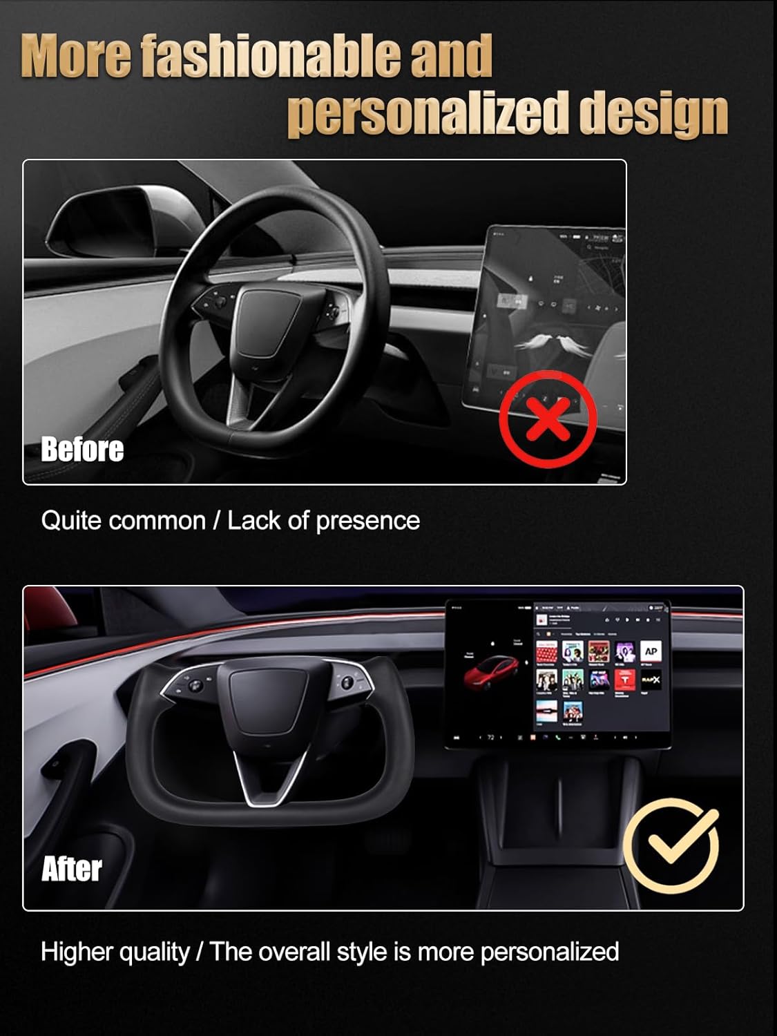 ZIMABLUE Yoke Steering Wheel Personalized Yoke Steering Wheel, Nappa Leather without Front Trim for Tesla Model 3 2017-2023, Model Y 2019-2024 With Heating Function