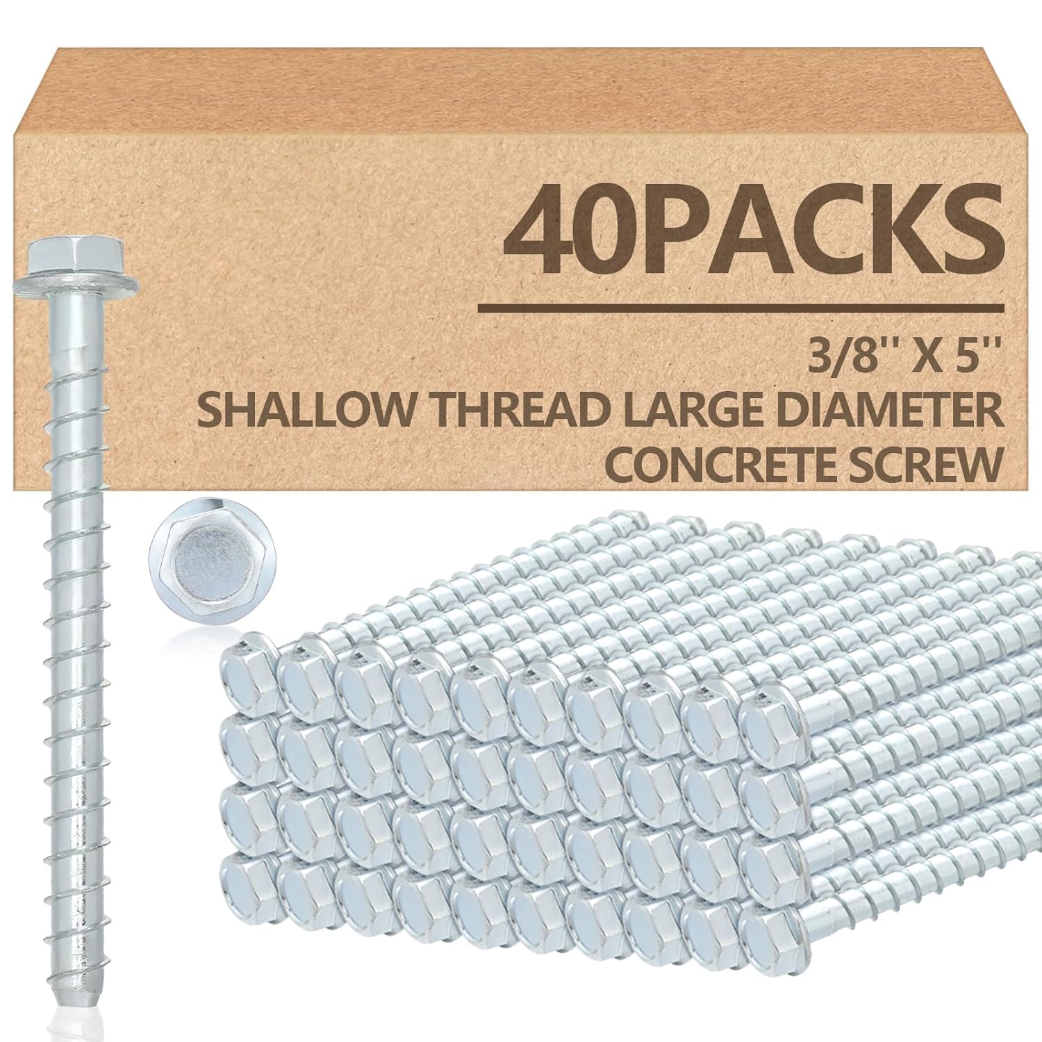 Tandefio 40 Pack 3/8" x 5" Concrete Screw Anchor Galvanized Large Diameter Heavy Duty Plated Concrete Anchors for Masonry Brick Anchoring Block Decking Framing Hex Drive