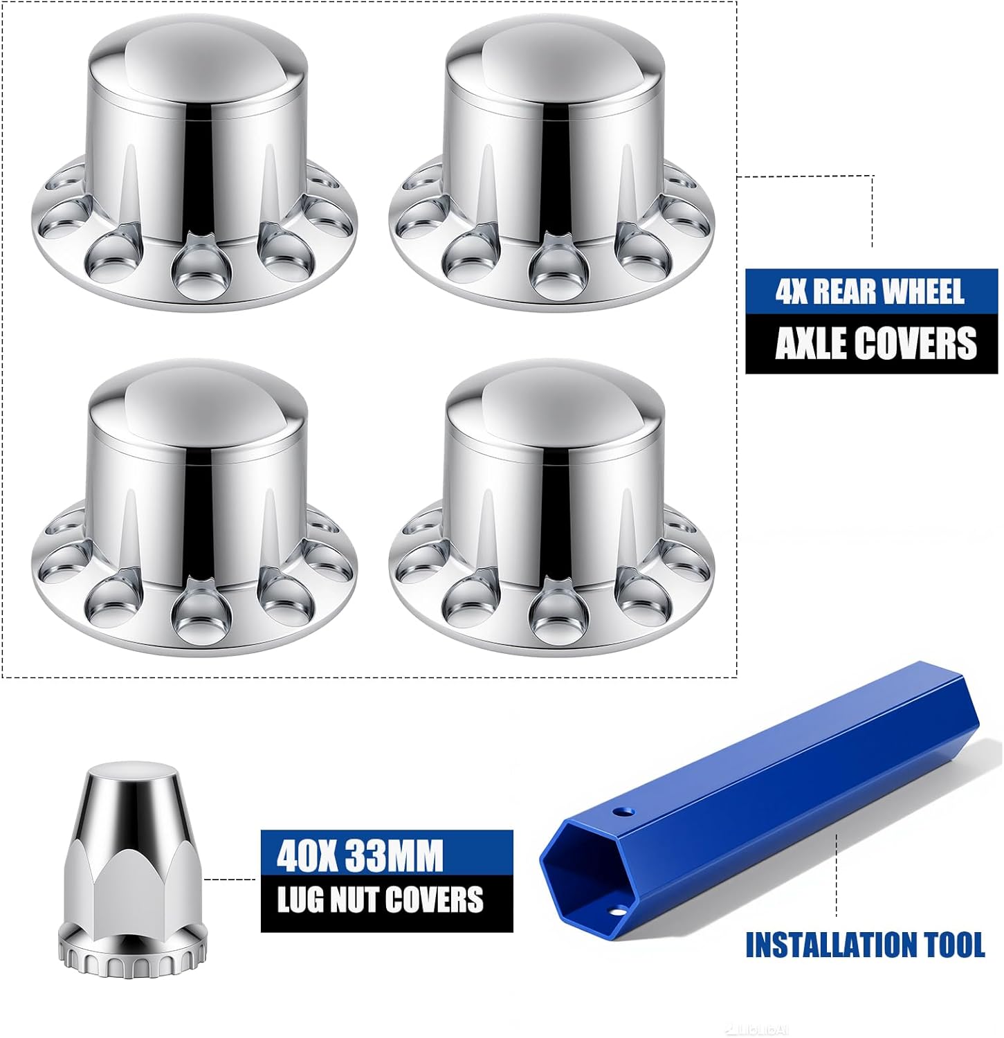 JiiinMiiin 33mm Axle Cover Chrome Dome Combo Kit Thread-On Lug Nut Covers with 4 Rear Axle Wheel Covers Removable Hub Caps for Semi Truck (Installation Tool Included)
