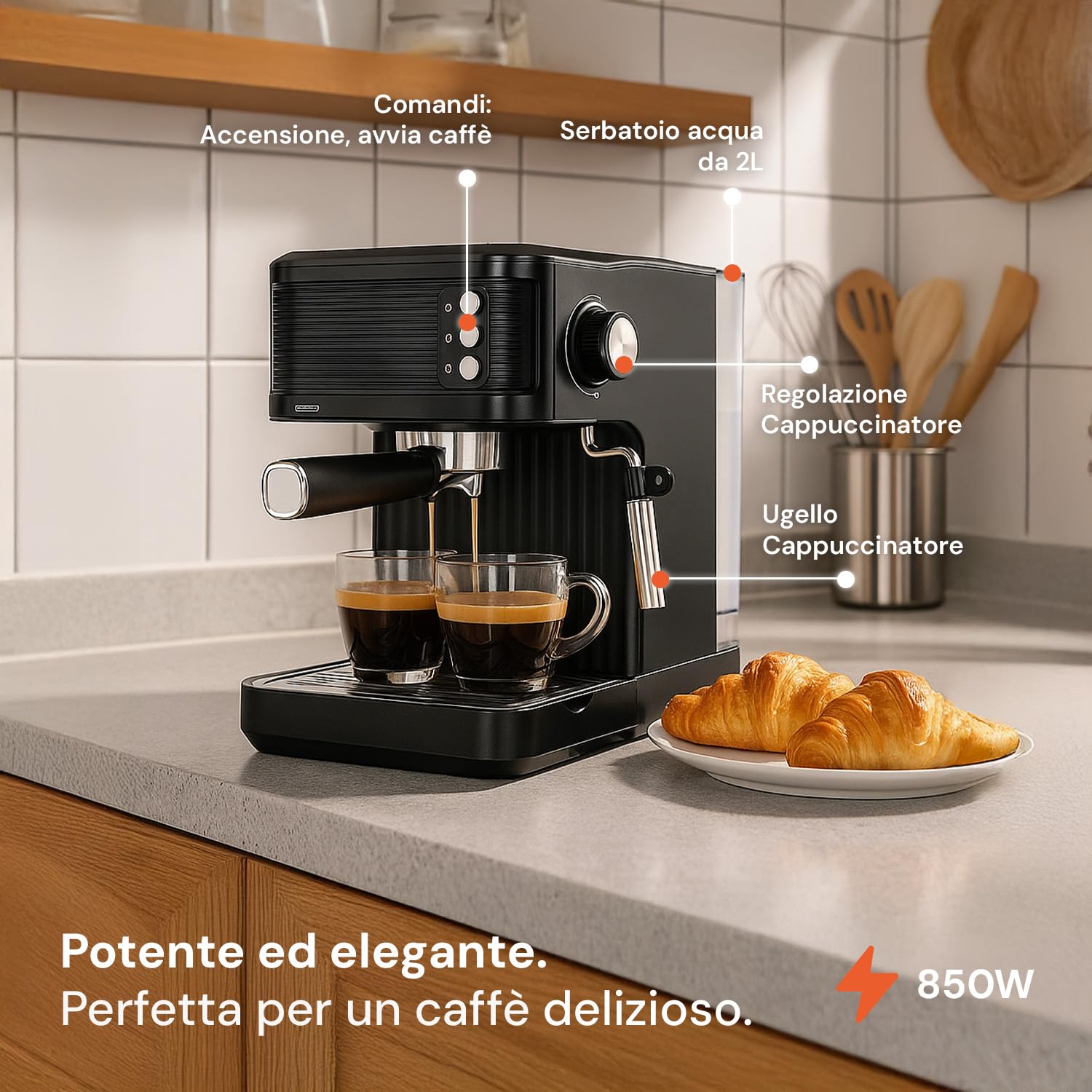 Wintem - Macchina Caffè 850W per Espresso Intenso con Filtro in Acciaio Inossidabile, Serbatoio da 2L e Compatibilità con Caffè Macinato e Cialde, Uso Facile e Design Compatto Nera