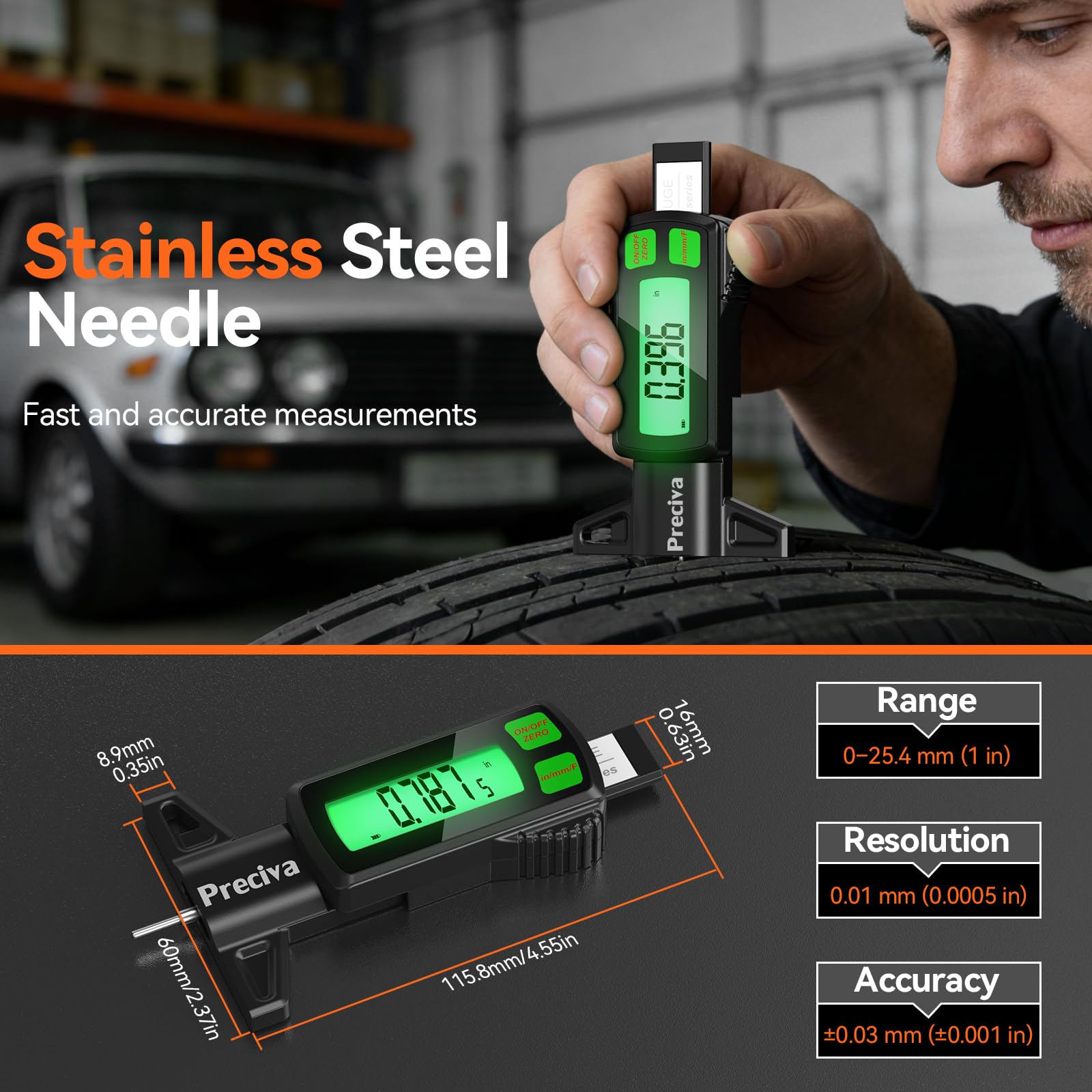 Preciva Rechargeable Tire Tread Depth Gauge, Touch Screen Digital Tire Depth Gauge with Lighting, in/MM/F Conversion, IP54 Waterproof, Auto Power Off, for Tread Depth, Brake Shoe and Pad Wear - 5