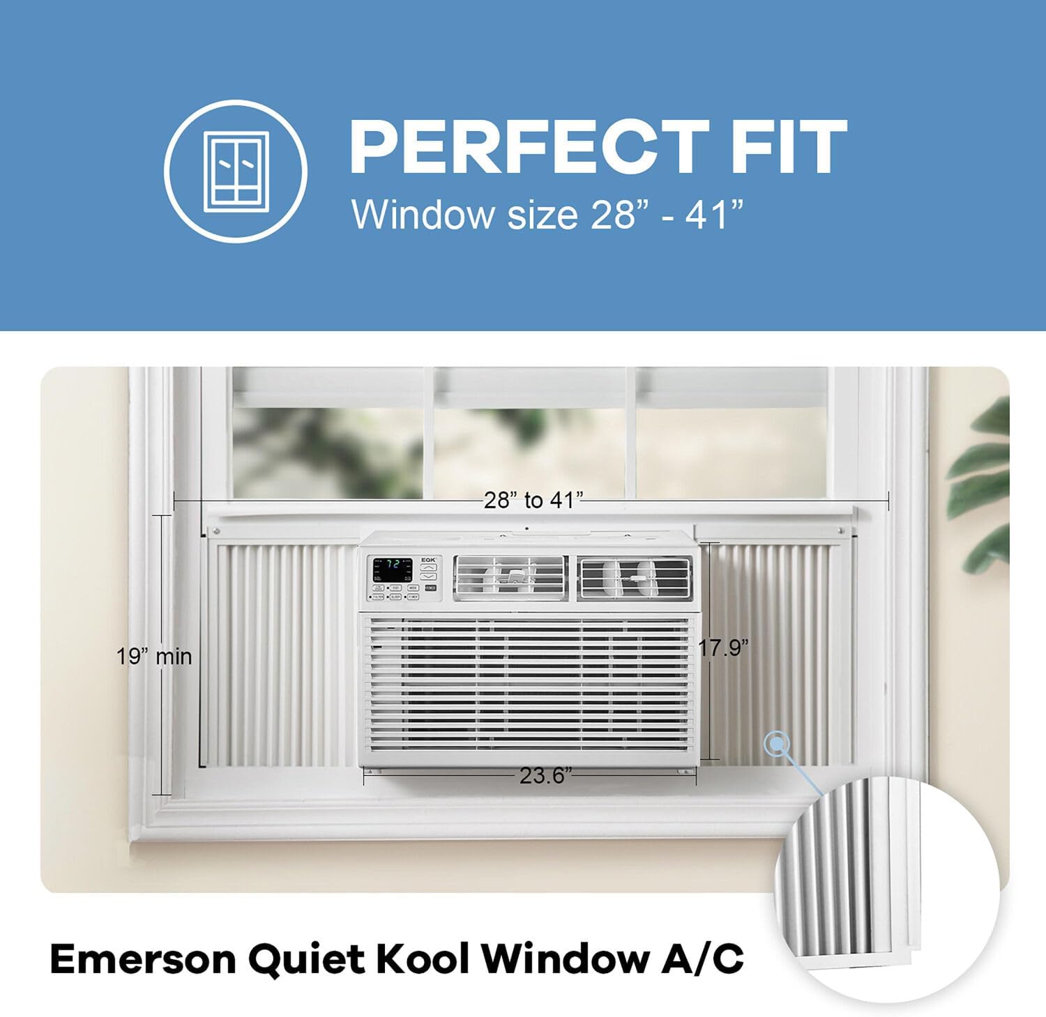 Diagram showing window dimensions for Emerson Quiet Kool AC installation