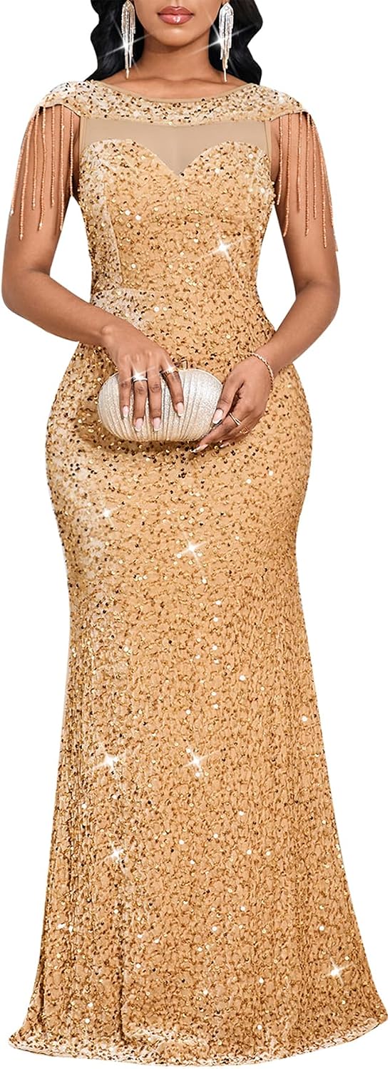 Cololura Women Sexy Sequin Tassel Mesh Perspective Gold Threads Patchwork Bodycon Party Cocktail Evening Gown Dress