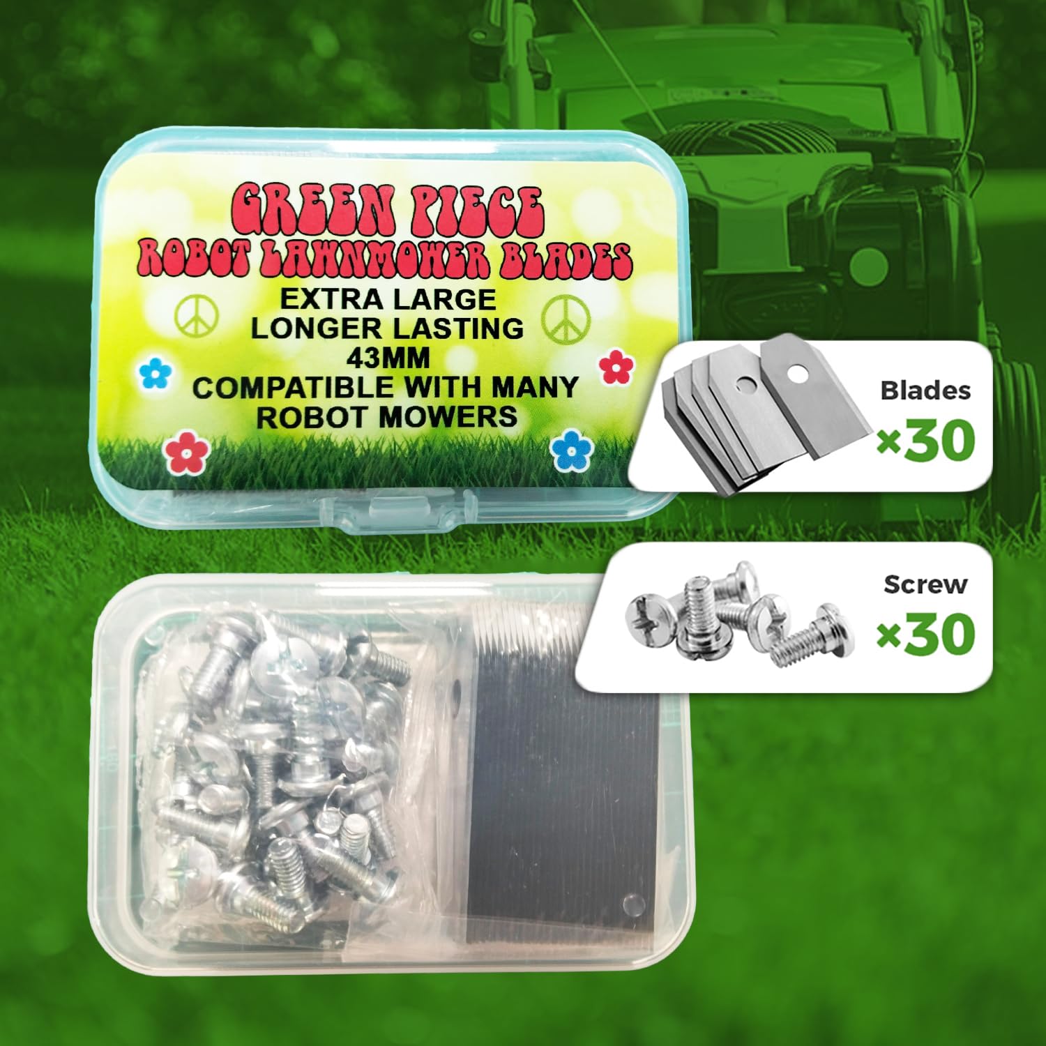 Green Piece Lame per robot tosaerba (confezione da 30) – in acciaio inox – 0,75 mm – compatibili con Husqvarna Automower, Gardena, Segway, Navimow, Ecovacs, ecc. – Taglio ad alte prestazioni con viti