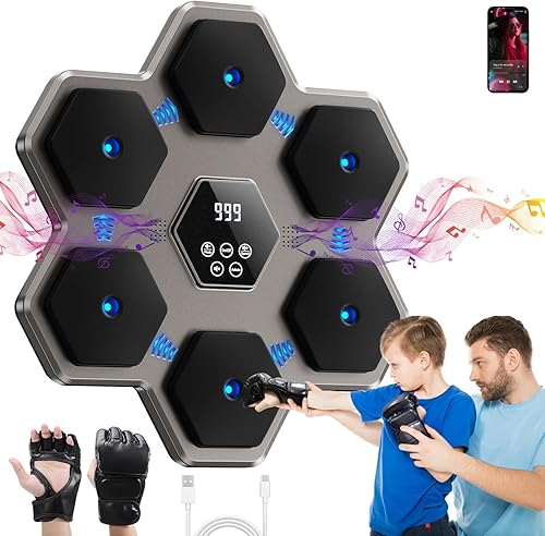 Music Boxing Machine with Gloves for Adults & Kids,5 Button LCD Touch Control with One Button Mute & Rhythm Recognition,17.3'' Large Size Wall