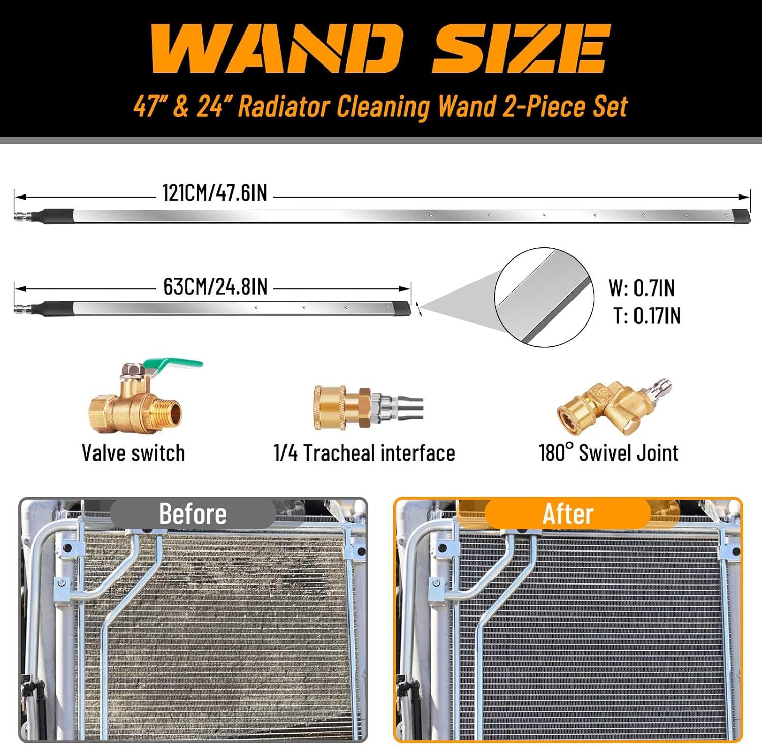 47" & 24" Radiator Cleaning Wand, 4500 PSI Radiator Cleaner Wand with Water & Air Dual-Purpose Connector, Radiator Pressure Washer Wand for Car, Truck, Tractor