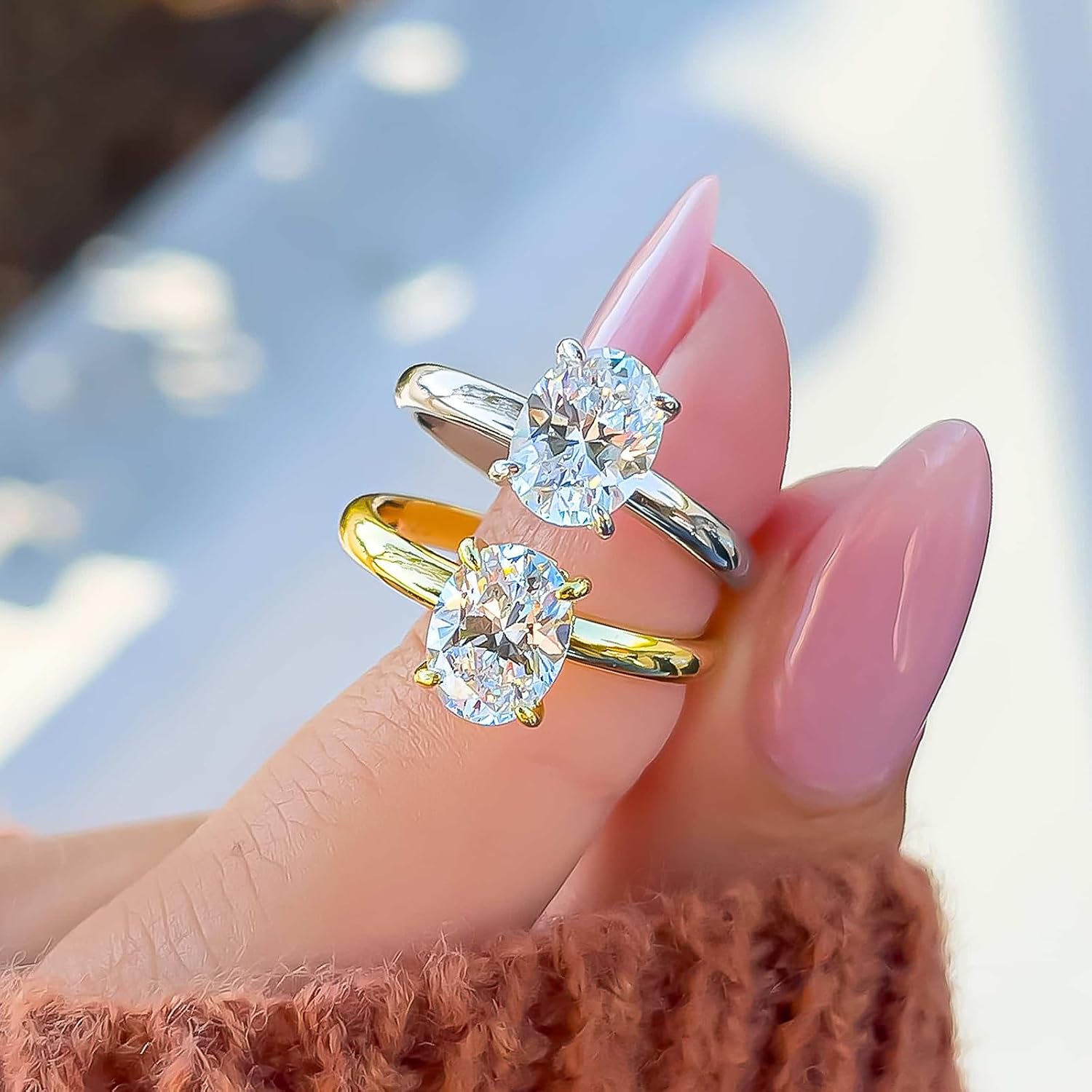 1/2/3 CT Center Moissanite Engagement Rings for Women, 10K/14K/18K Solid Gold Solitare Round/Oval/Pear/Princess/Cushion/Marquise/Radiant Cut Bridal Set Wedding Anniversary Band for Her Wife