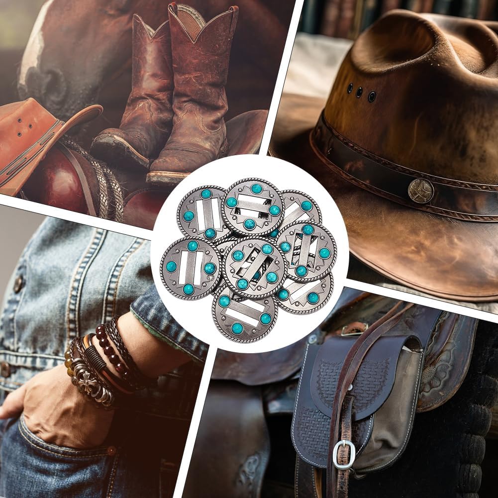 10Pcs Western Craft Slotted Turquoise Buckle Vintage Leathercraft Art Belt Buckles Antique Flat Round Slot Conchos Fasteners for Making Bracelets Bags Belts Hair Accessories Diy Supplies