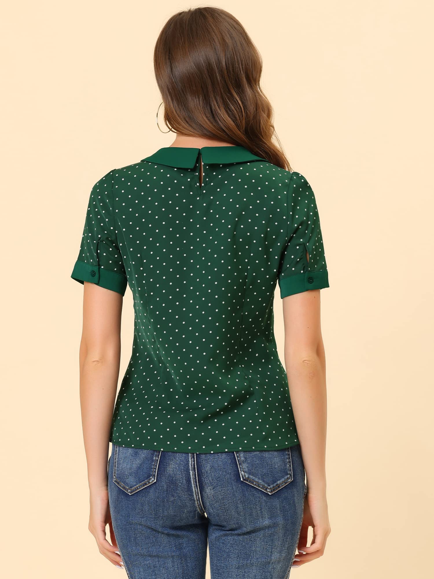 Allegra K Damen Kurzarm Bubikragen Punkte Oberteil Vintage Polka Dots Elegant Top Bluse
