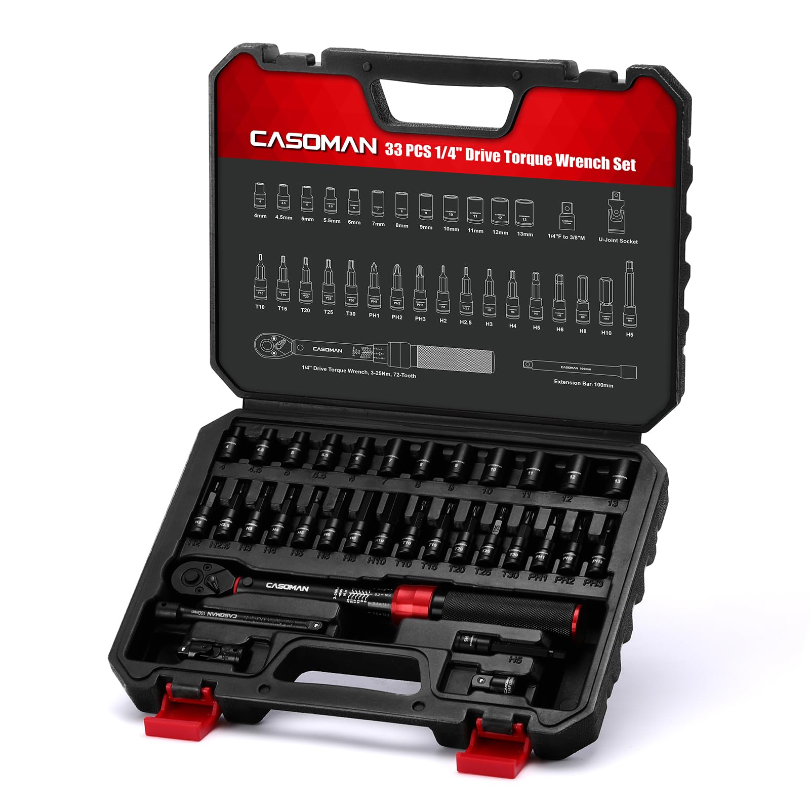 CASOMAN Set di 33 chiavi dinamometriche da 1/4" per bicicletta, 3-25 Nm, 72 denti, con bussole a bussola, estensione, giunto universale e adattatore
