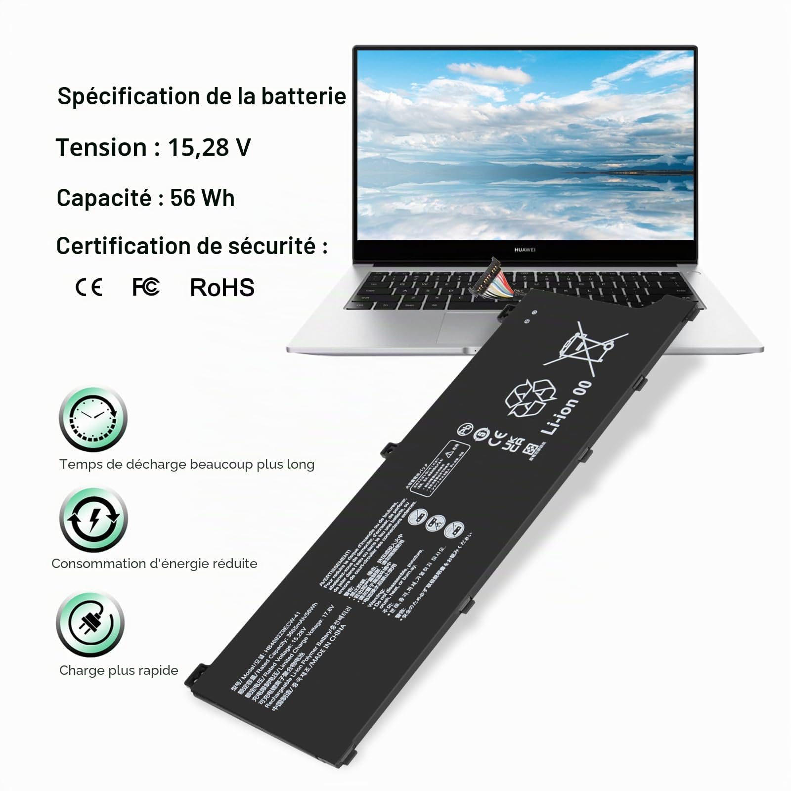 HB4692Z9ECW-41 Batteries pour Honor Magicbook 14 (2019) pour Huawei Matebook D 14 (2020) 14-53010TVS NBLK-WAX9X NBB-WAE9 NbB-WAE9P NBB-WAH9 NbB-WAH9P NbB-WAQ9R NbB-WAQ9RP Nbl-WAQ9R 15.28V 56Wh