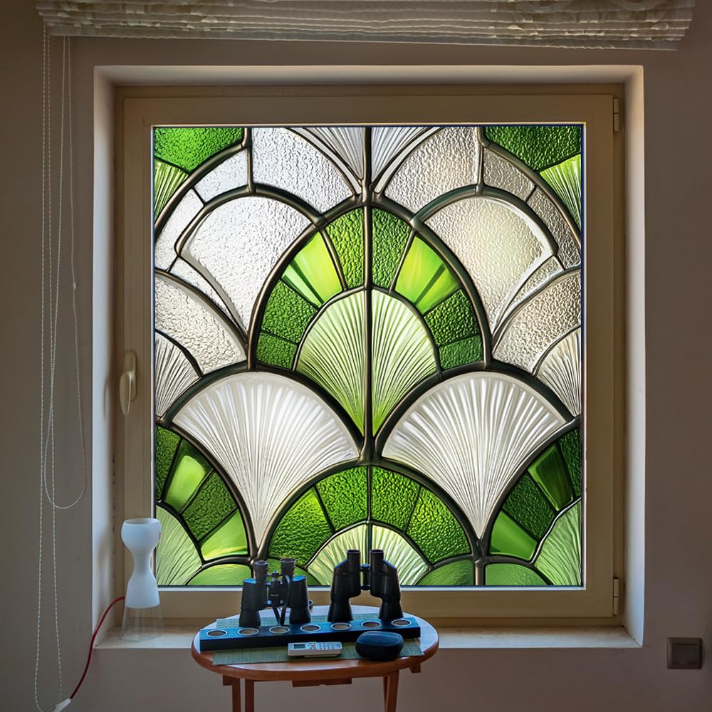 Green Window Film Privacy 50Cm Wide Geometry Privacy Film For Glass Windows,One Way Stained Glass Blackout Window Film,Opaque Window Tint,Bathroom Window Cover Self Adhesive Patterned