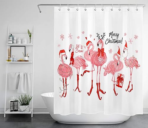 Miniatura 2 de LB Cortina de ducha de flamenco de Navidad, lindo flamenco rosa, sombrero de Navidad, diseño de copos de nieve, cortinas de ducha para decoración de