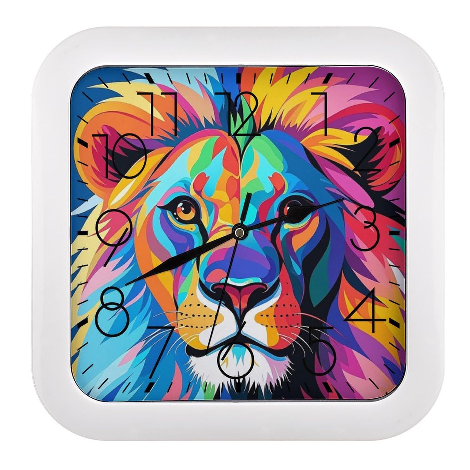 FekiLoot Colorful Lion Wall Clock Battery Operated Square Decorative Wall Clocks Silent Non Ticking Analog Clock Modern Retro Vintage Wall Clocks for Kitchen Living Room Office 10.2 Inch