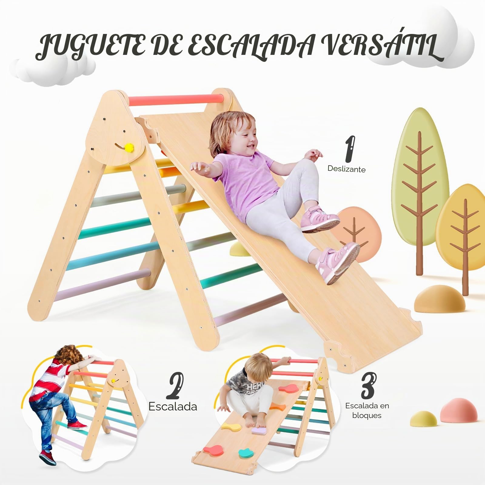 Escalera de Escalada Triangular Plegable, Swing de Madera, Juguete de Escalada Montessori, Carga 50kg para Interiores y Exteriores (2 en 1)