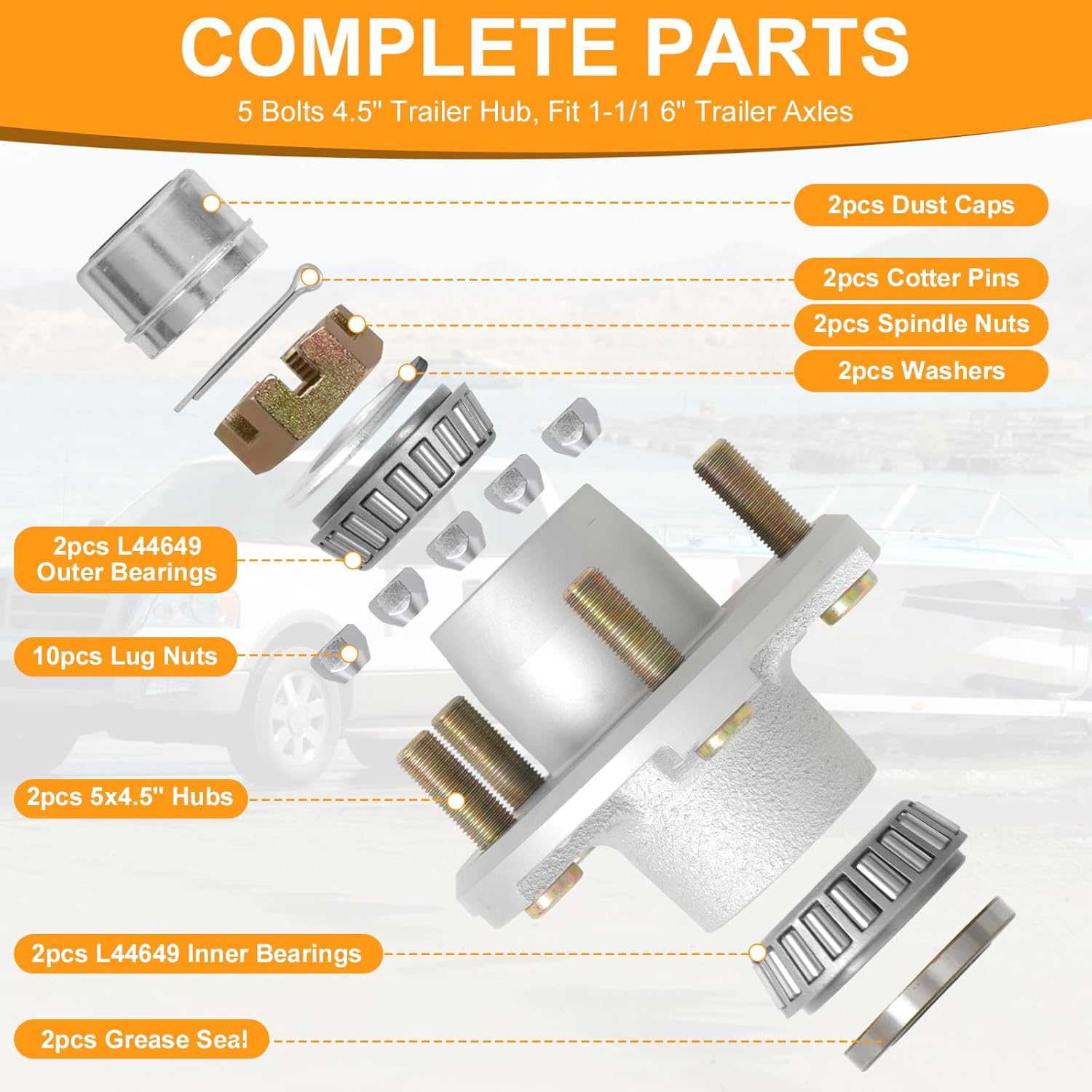 2Sets 2000LB Galvanized Trailer Idler Hub Kits 5 Bolt 4.5 Fit 1-1/16" Trailer Straight Spindle, L44649 Bearings 5×4.5 Trailer Axle Kit, Boat Trailer Hub Kit