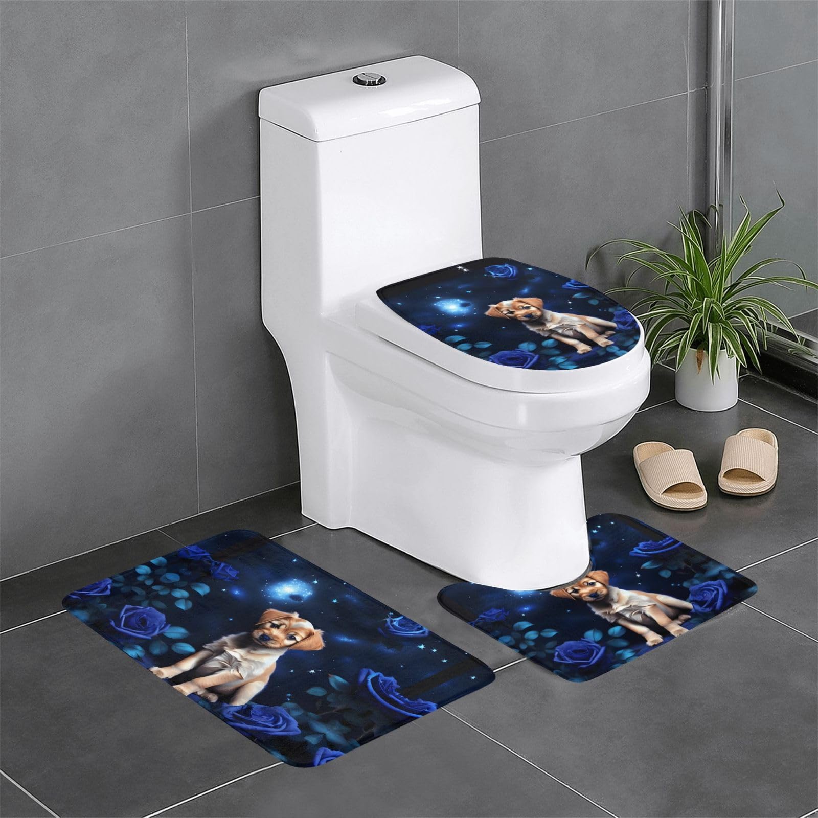 Tapis de salle de bain antidérapants haut de gamme ensemble 3 pièces motif rose bleue