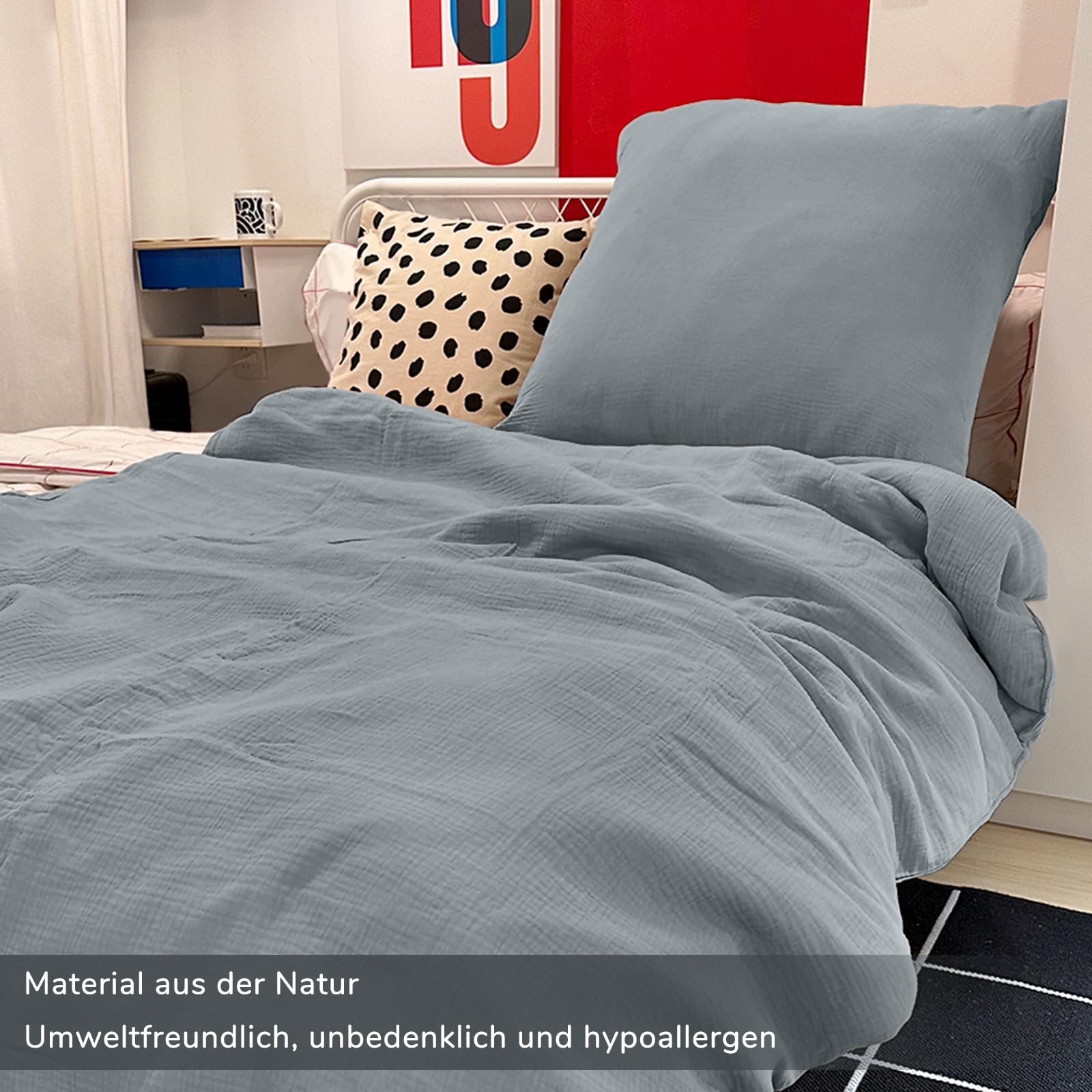 DerF HOME Musselin Bettwäsche 155x200 cm mit Kissenbezug 80x80 Rauchgrau | 100% Baumwolle, doppellagige Musselin Qualität, weich, atmungsaktiv, hautfreundlich, pflegeleicht, OEKO-TEX Standard 100