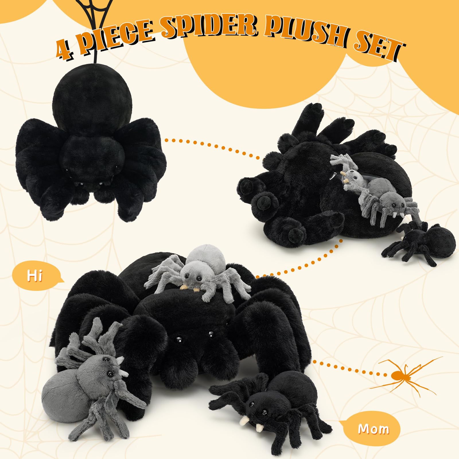 MorisMos 40cm Riesen Schwarz Spinne Kuscheltier, XXL Spinne Plüschtier mit 3 Baby im Bauch, Kawaii Groß Stofftier Weich Spielzeug, Großes Geburtstag Weihnachten Geschenk für Kinder
