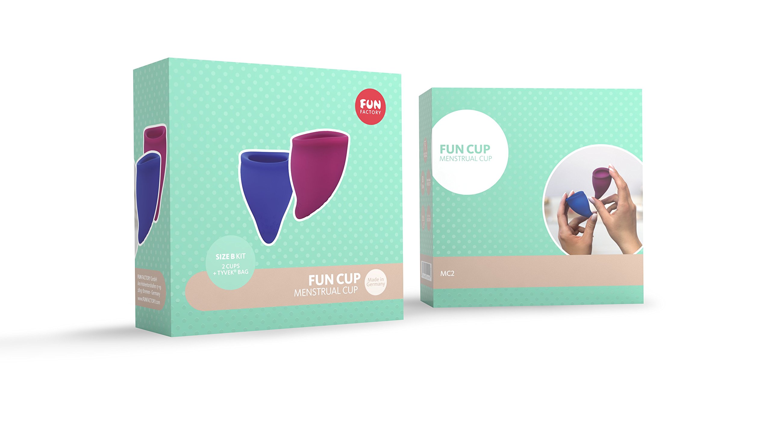 Fun Factory FUN CUP SIZE B - Deux grandes coupes menstruelles, en silicone, avec une pochette (Violet/Bleu)