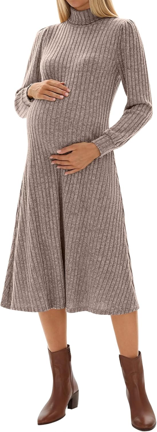 Women's Maternity Sweater Dress, Turtleneck Long Sleeve Knit Pregnant Puff Sleeve Dress Fall Winter Holiday Outfit