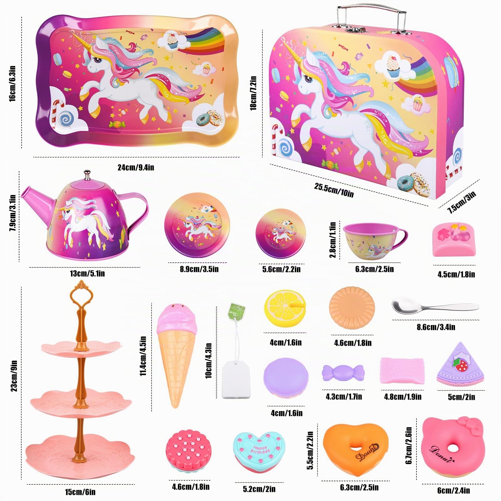 ARANEE Teeservice Kinder Teeparty Rollenspiel Spielzeug Tragekoffer für kleine Mädchen Zinn Tee Set mit Teefilterbeuteln und Zitronenscheiben (Einhorn)