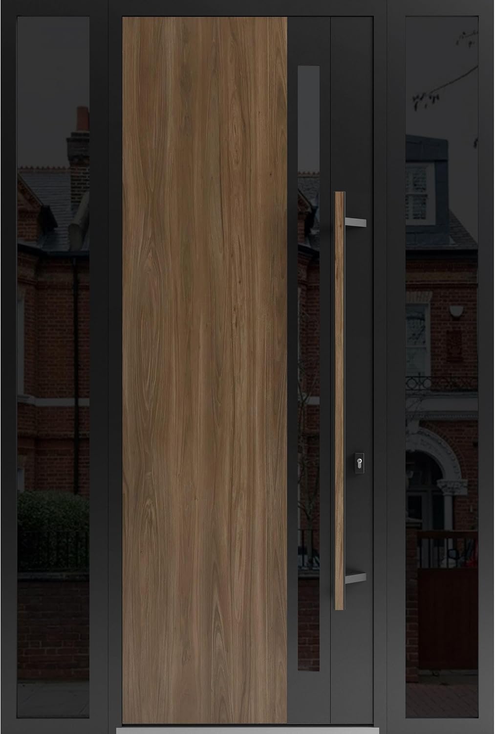 VDOMDOORS Front Exterior Prehung Steel Door/Dekton 0163 Venezia Noce / 2 Side Exterior Windows Sidelites/Entry Metal Modern Painted W14+36+14" x H96 Left Hand Inswing