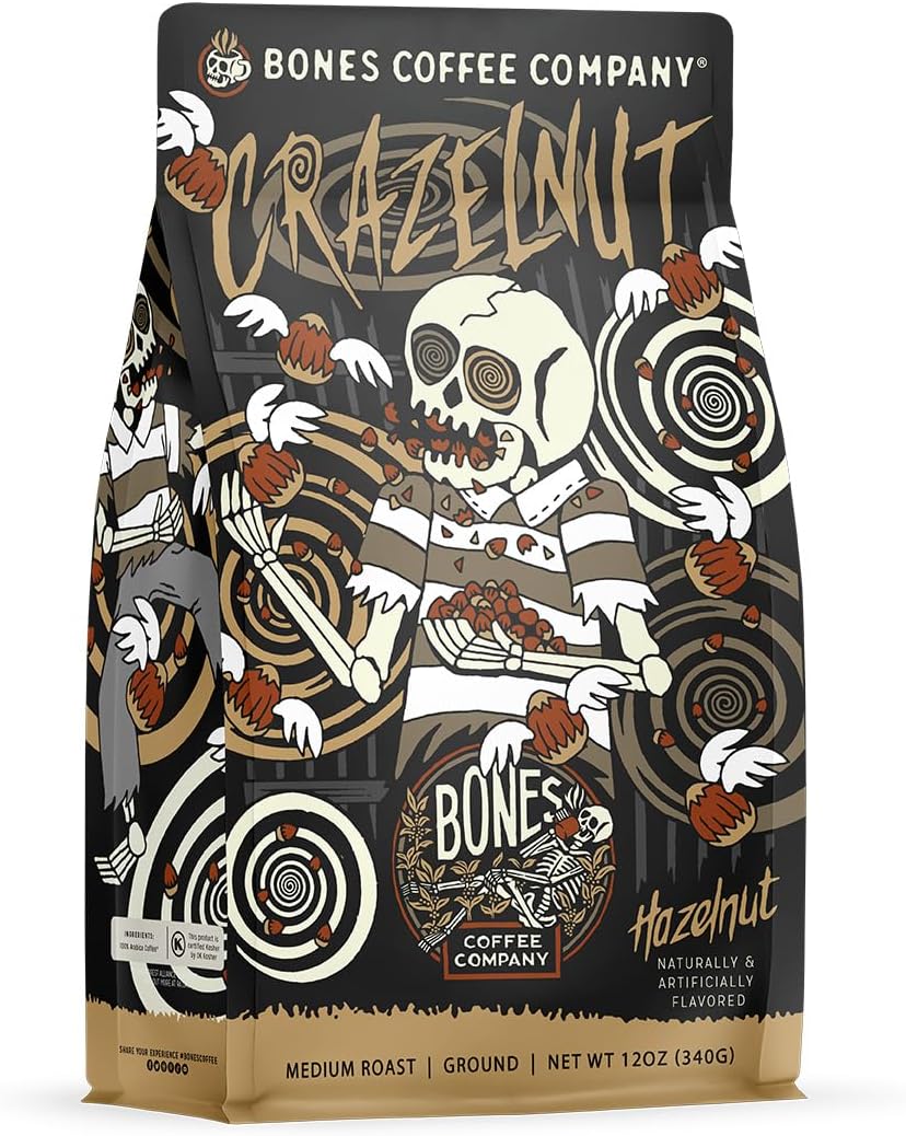 Bones Coffee Company Crazelnut, Hazelnut Flavored Coffee, Medium Roast Low Acid Arabica Beans Compatible with Auto drip and French Press Coffee Maker, 12 Oz Ground
