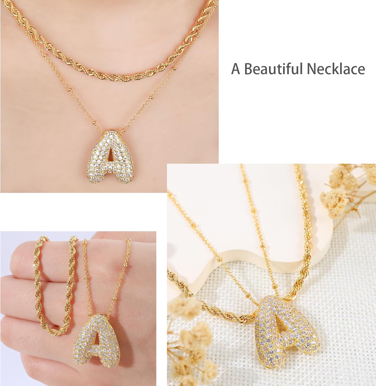 NEKOL A Bubble Letter Necklace for Women, Layering Balloon Initial Letter Zirconia Rhinestone Letter Necklaces Chunky Gold Necklace 2PCS - Image 3