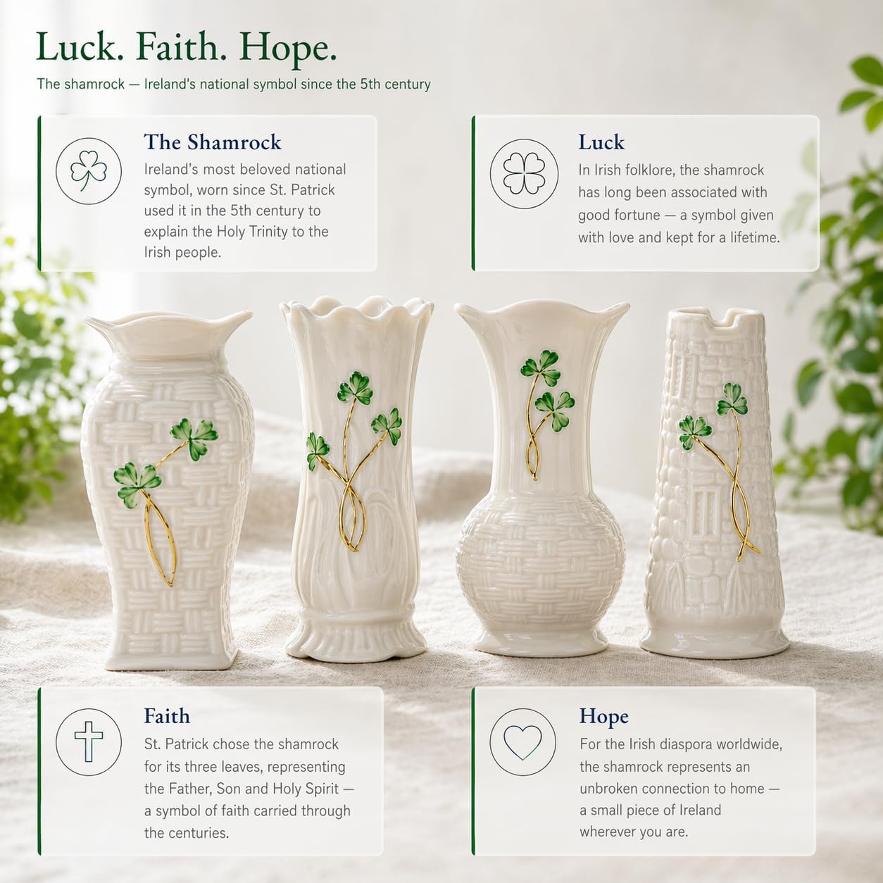 Belleek Mini Shamrock Vase Set of 4 - White Flower Vase Handcrafted Fine Parian China Irish Decor, 1.6 x 4 Inches