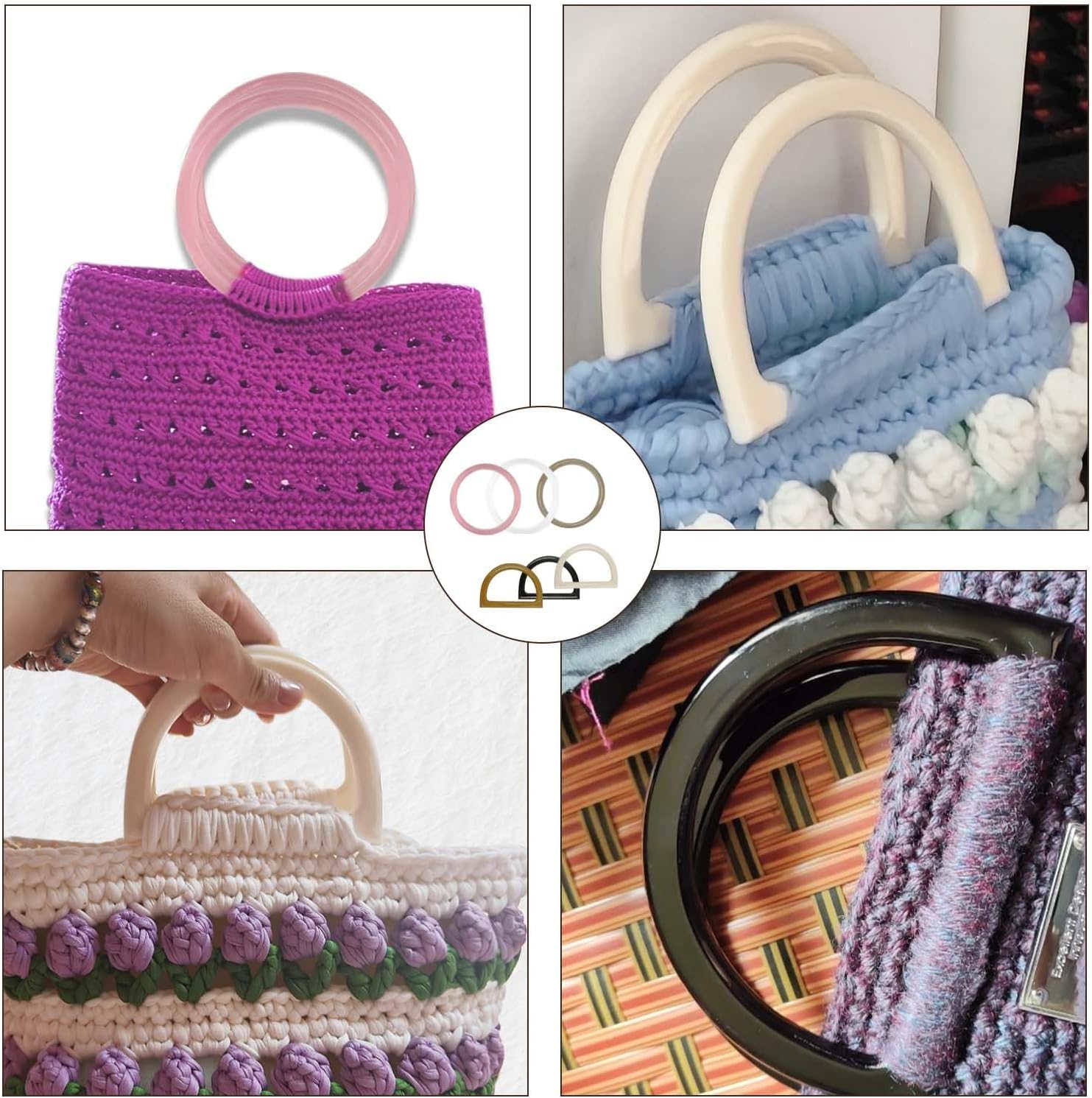 12 Pcs Handbag Handles(6 Pcs O-Ring Circles&6 Pcs D-Ring Semi-Circle)- Faux Wood Grain Purse Handles for Tote Bag & Crochet DIY Purse Making(6 Colors) - Image 4