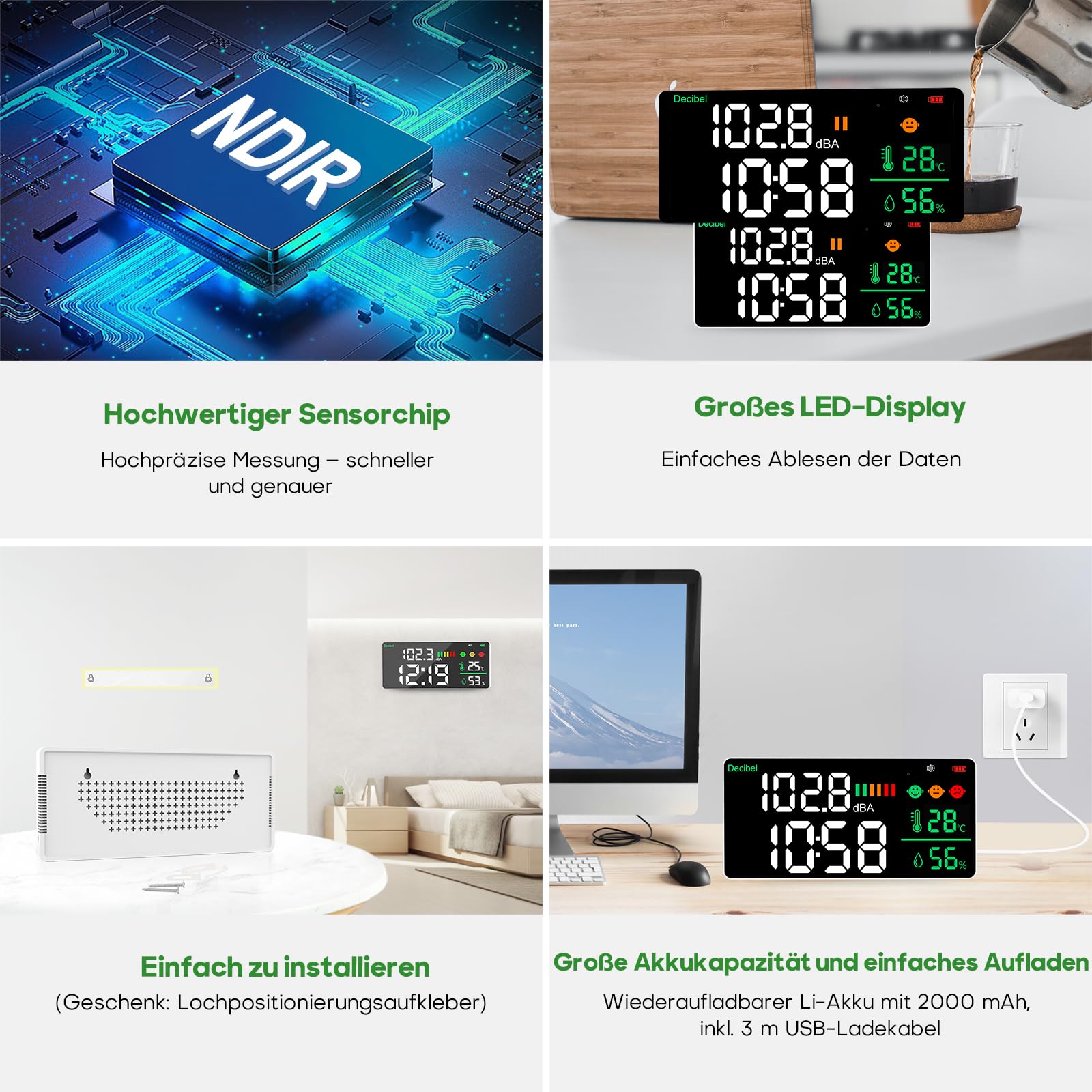 5-in-1 Dezibel Messgerät Wandmontage DB Messgerät Schallpegelmessgerät 43-130dB 11" Große LED-Anzeige Lärm-, Zeit-, Temperatur- & Luftfeuchtigkeit messgerät für Zuhause (Db Messgerät-2000mah)