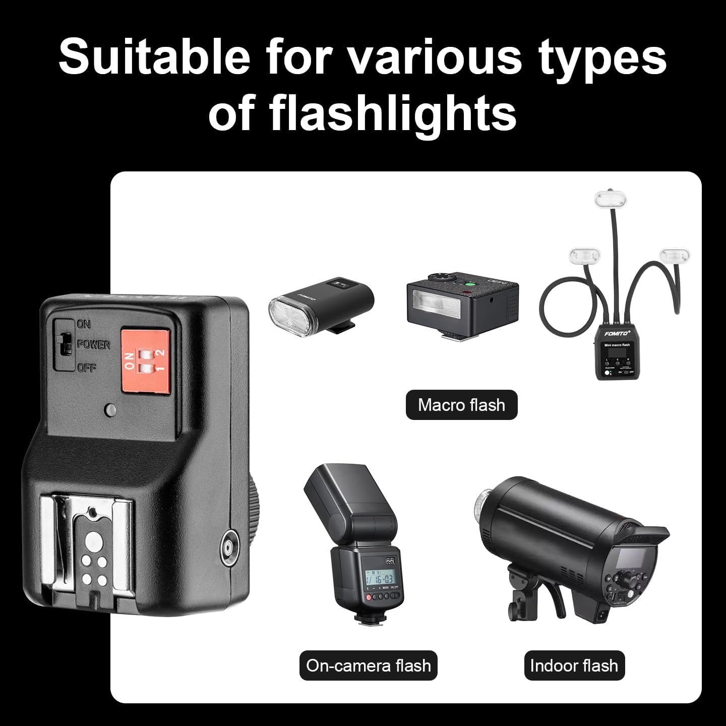 FOMITO PT-04 Universal Wireless Flash Trigger, 30m Triggering Range, 1/250s Sync Speed, 4 Anti-Interference Channels, with PC Sync Port