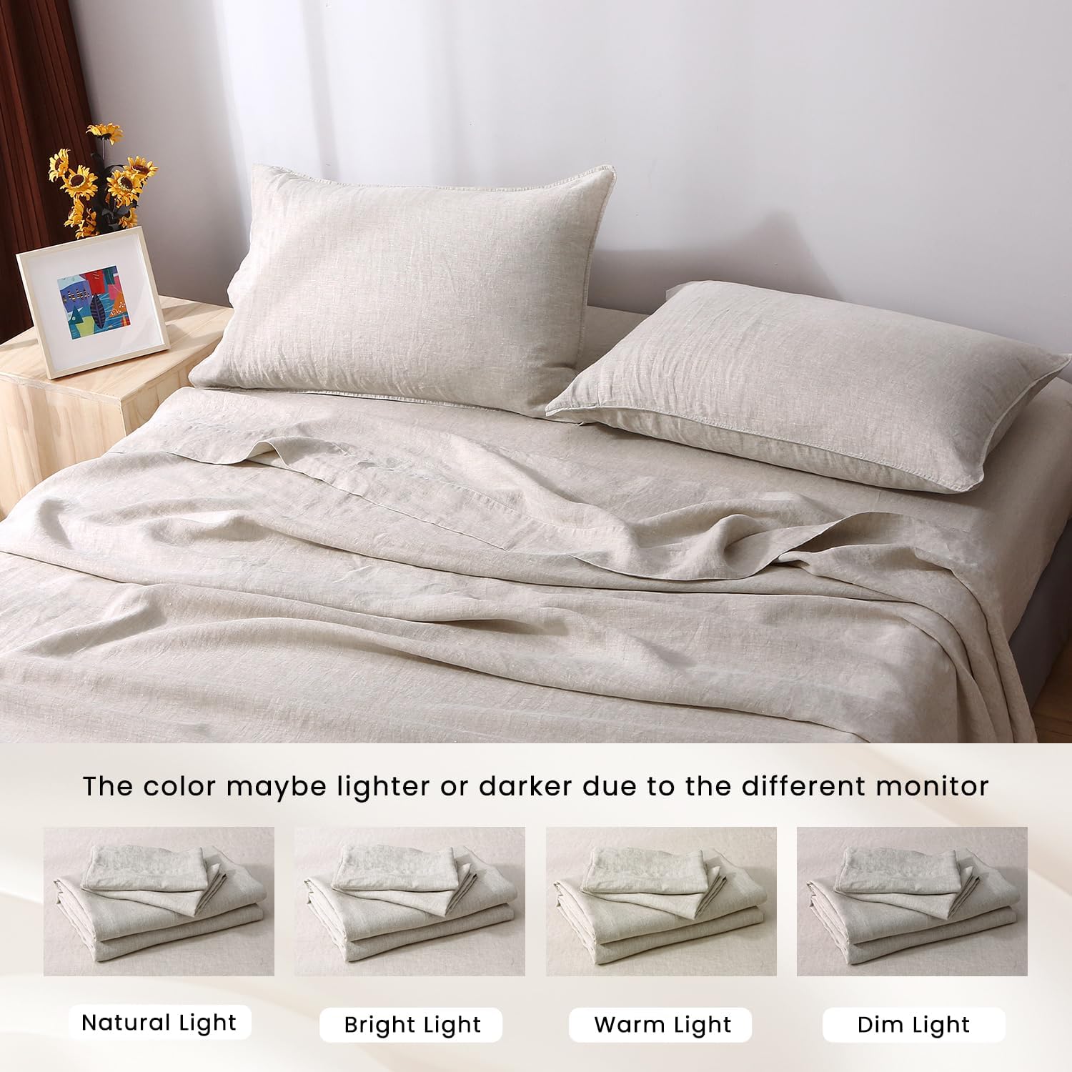 S VICTORY SYMBOL 100% Organic French Linen Bed Sheets,Stone Washed Flax 4PCS Sheets Set(1 Flat Sheet+1 Fitted Sheet+2 Pillow Cases) California King,Natural Linen