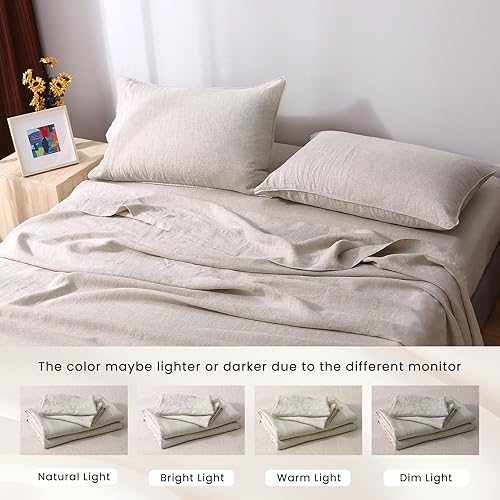 Miniatura 7 de S VICTORY SYMBOL Juego de sábanas de lino francés 100% orgánico, tamaño matrimonial, lino lavado, 4 piezas, transpirable y absorbe la humedad (lino