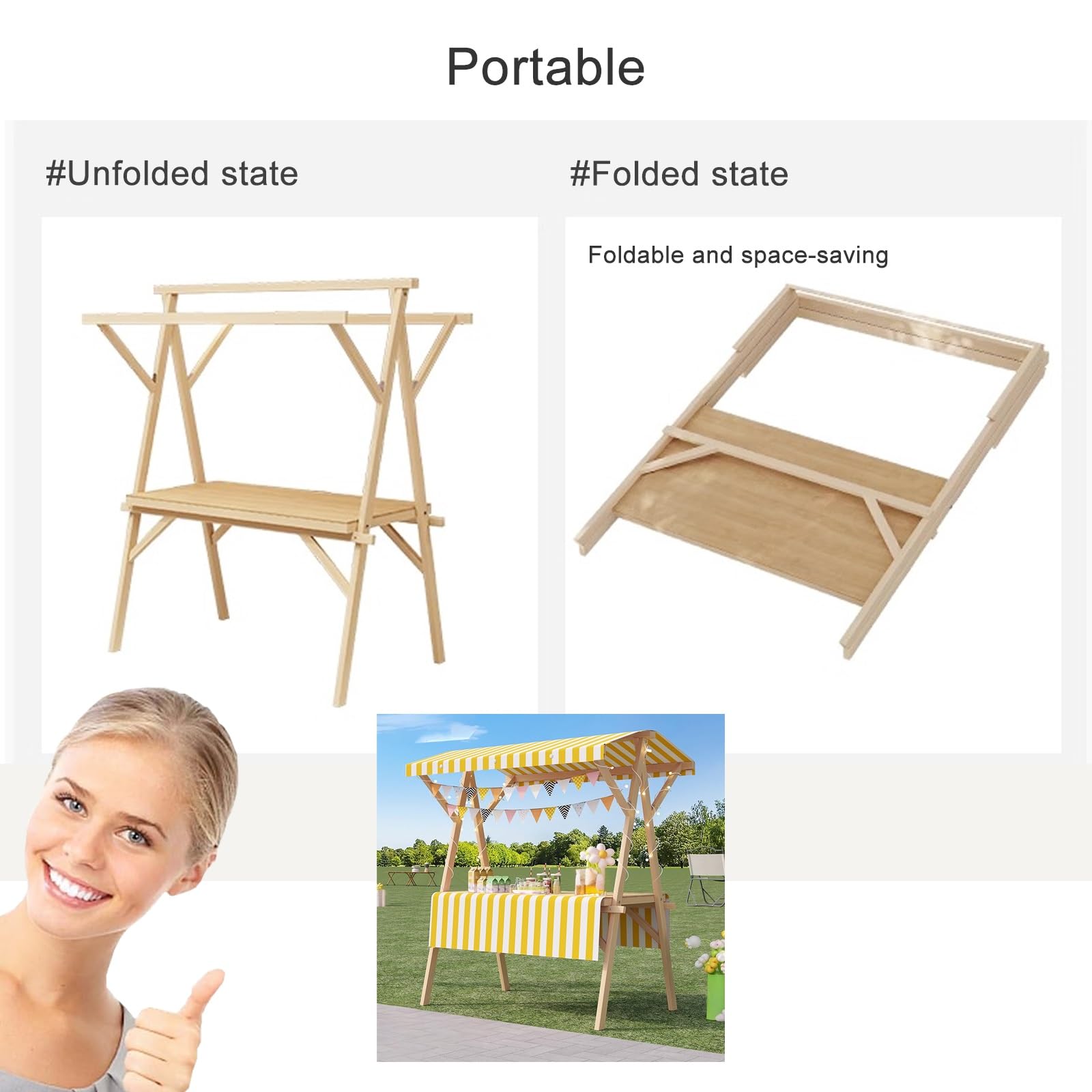 Mobiler Marktstand Verkaufsstand Mit Vordach, Stände Für Wochenmärkte, Festivals Und Strände, Süßigkeitenstand Auf Rädern Für Partys, Holzkiosk(Blue,150cm/59in)