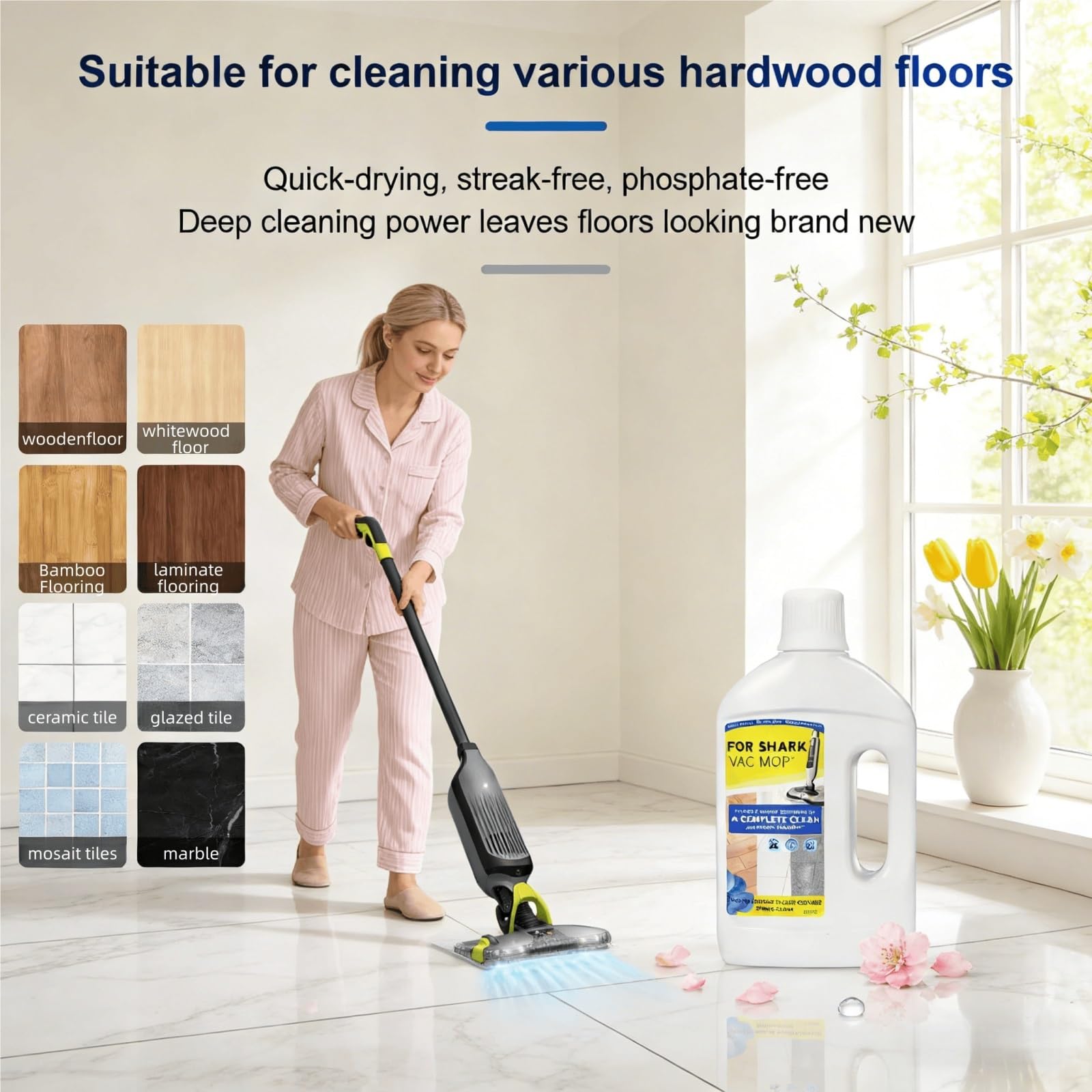 Limpiador Multisuperficies for Suelos, Botella 1L, Fragancia Fresca Primaveral, Fórmula Secado Rápido sin Rayas, Compatible con Roborock VACMOP Aspiradora Fregadora Inalámbrica(2 Bottle)