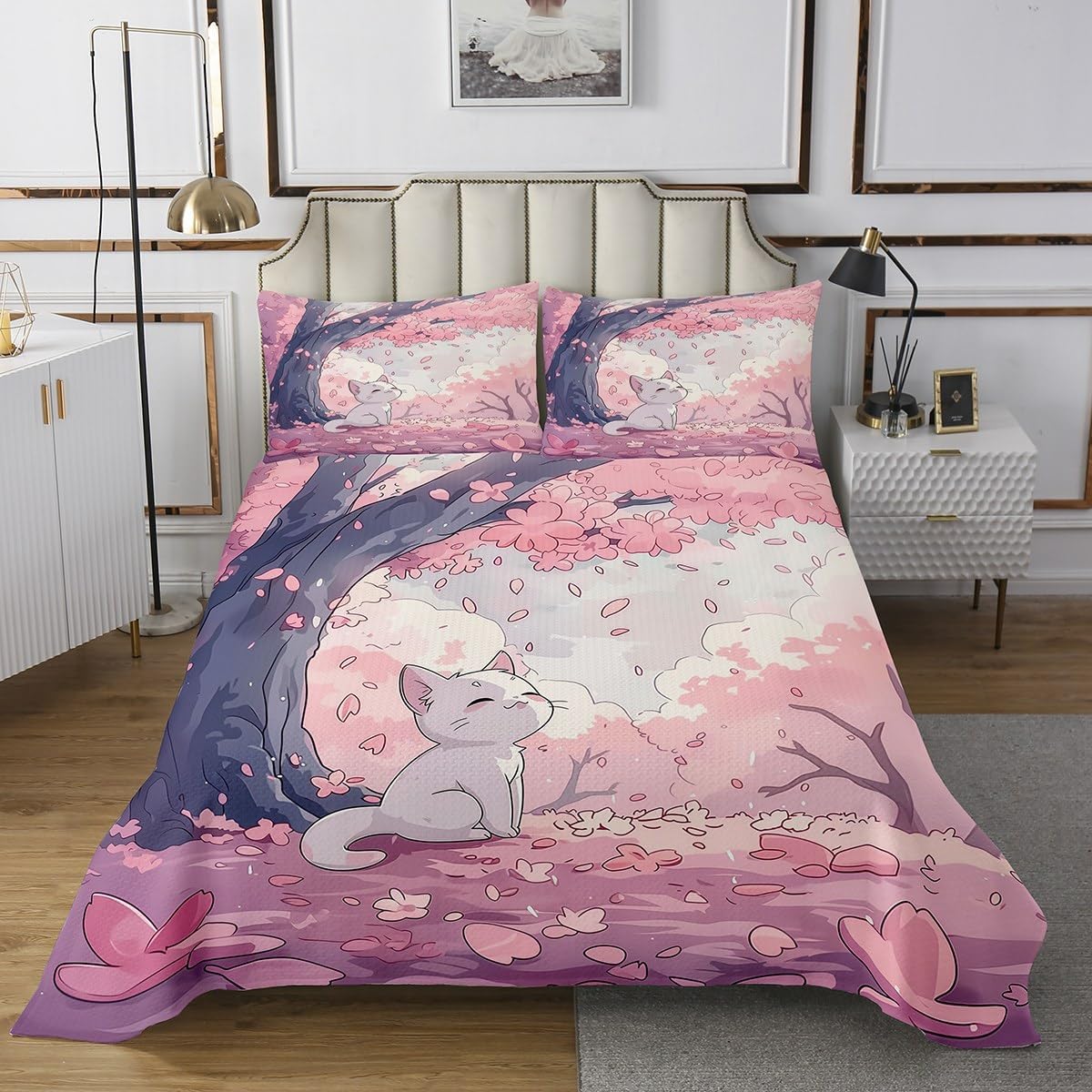 Erosebridal Cartoon Little Cat Quilt Set Queen Cute Anime Animal Bedspread Pink Dreamy Cherry Blossom Coverlet Set for Kids Adults,Japanese Style Kawaii Kitten Bedding Quilted