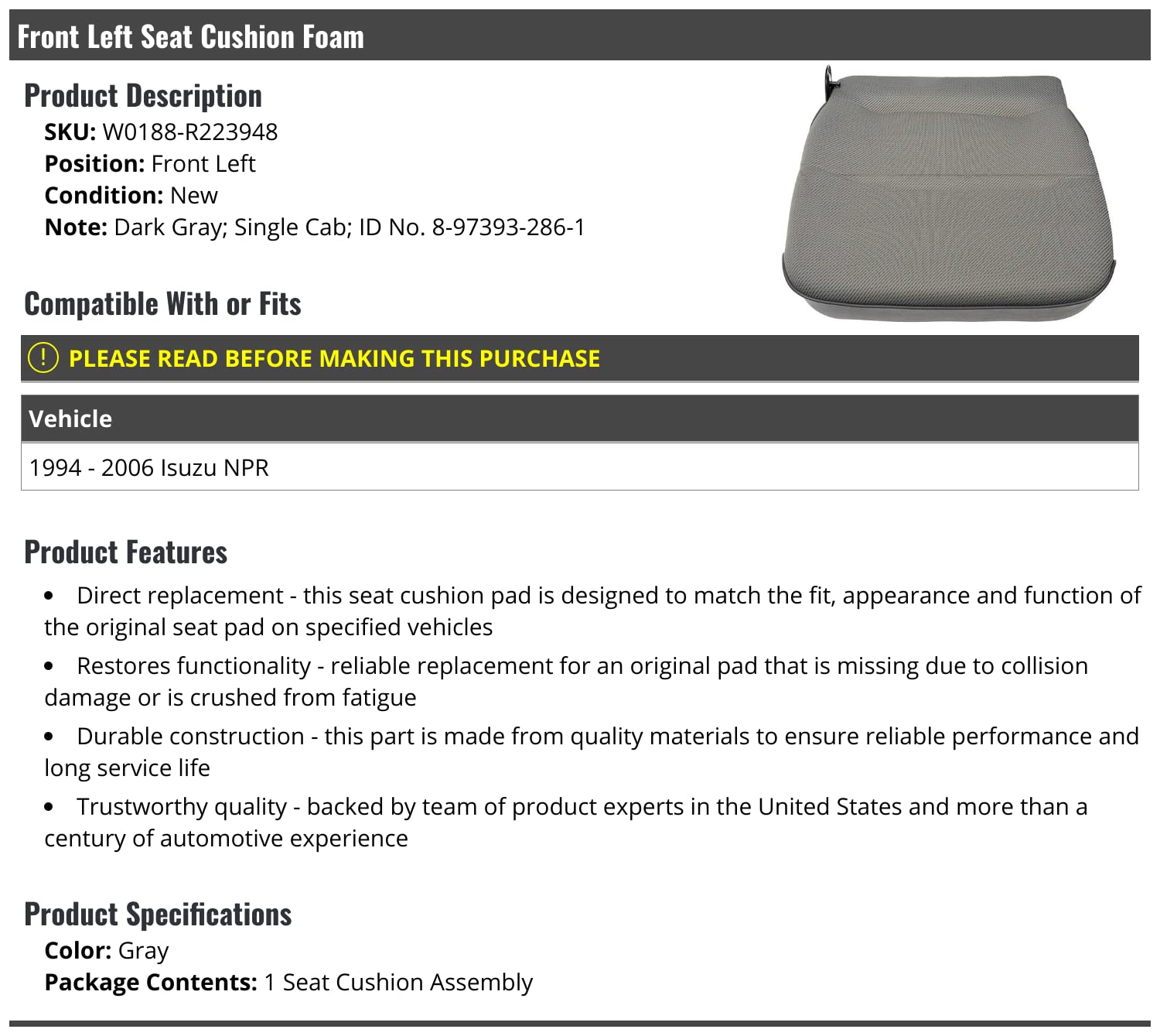 Marketplace Auto Parts Front Left Driver Side Seat Cushion Foam - Compatible with 1994-2006 Isuzu NPR