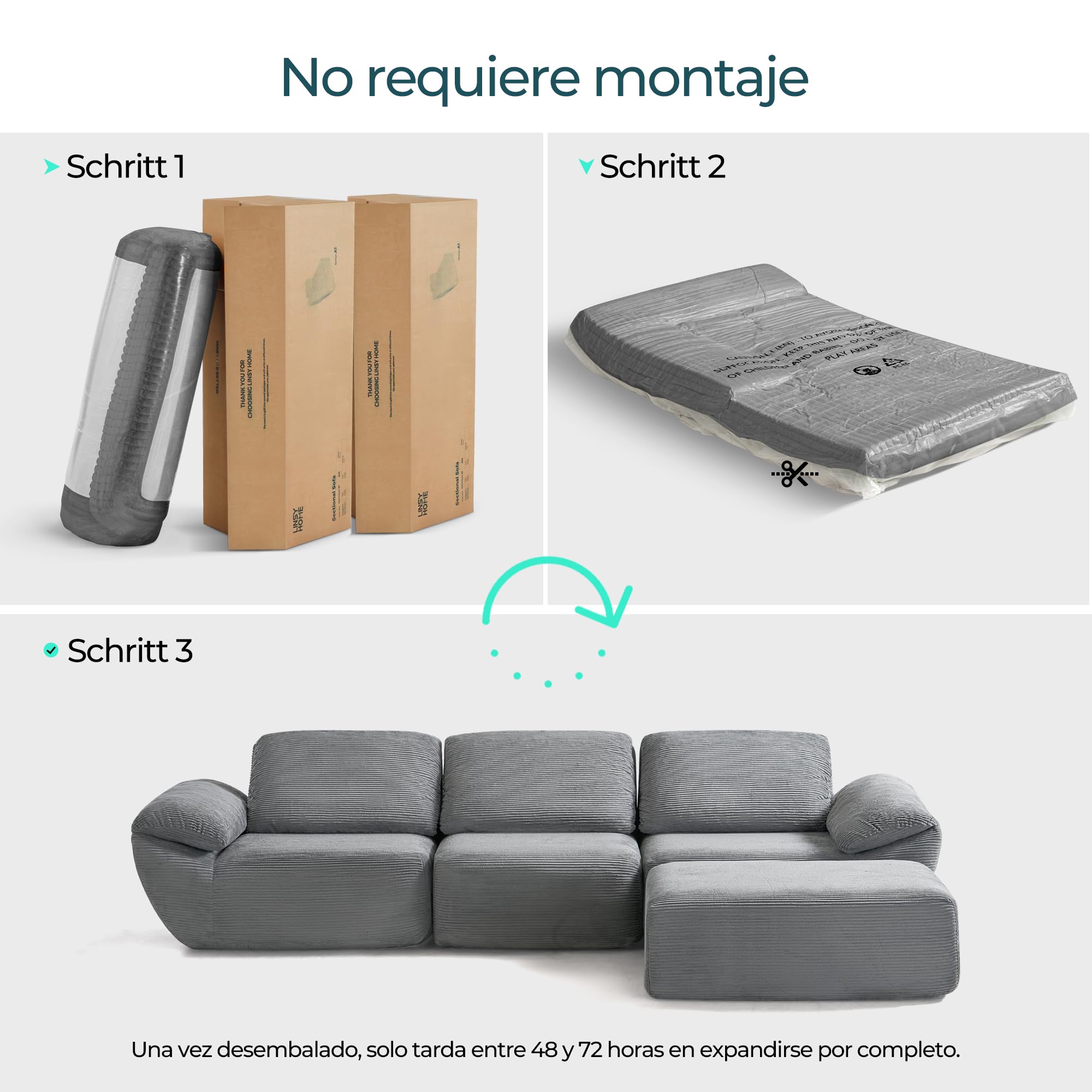 LINSY Home Sofá Cama esquinero con función de sueño, 290 cm, Modular, en Forma de L, Incluye otomana, salón, Noches de televisión o para Pasar la Noche de Invitados (Gris)