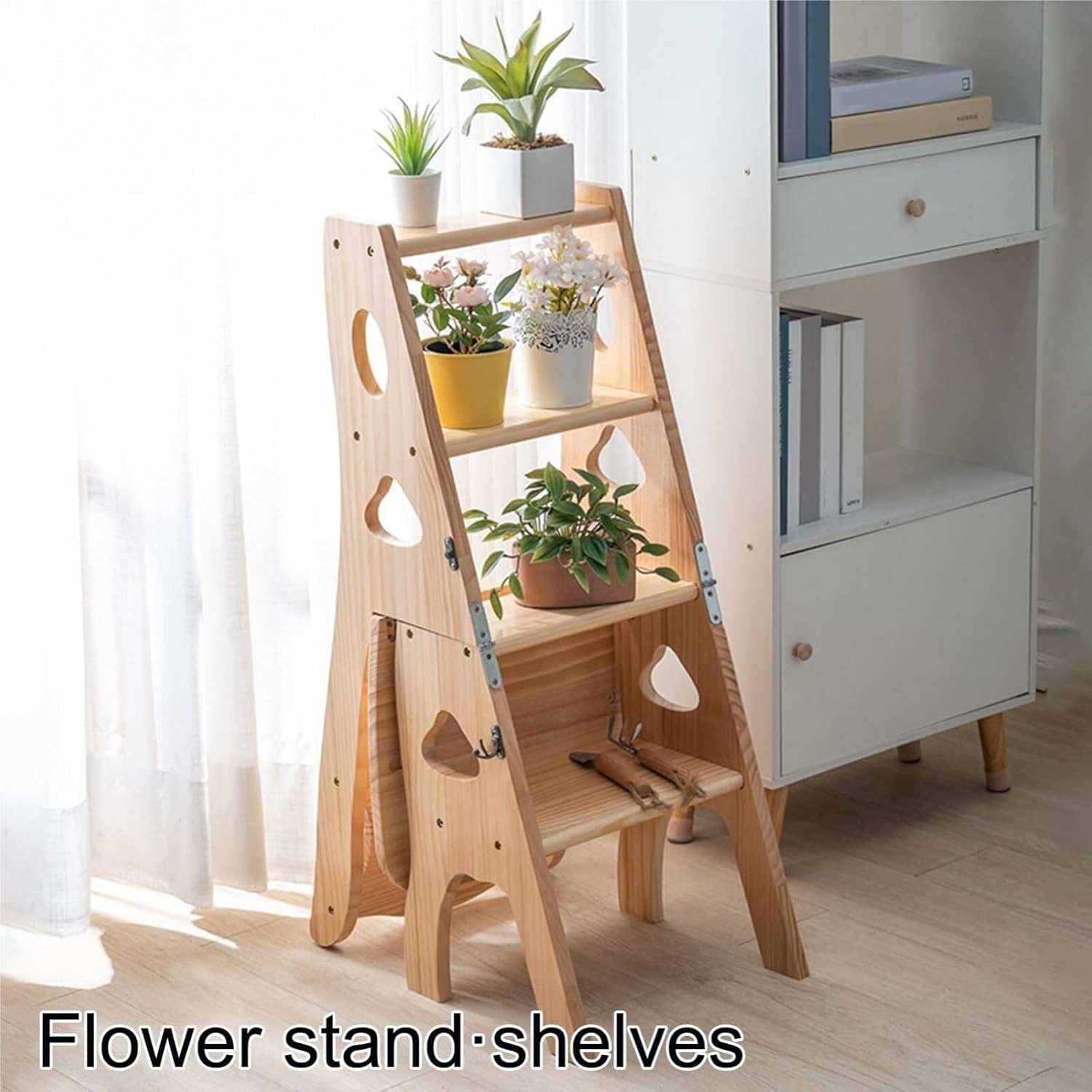 Attic Stairs Wooden Folding Ladder Chair 3-in-1 Multifunctional Step Stool for Home Storage and Display, for Indoor Use(Brown)