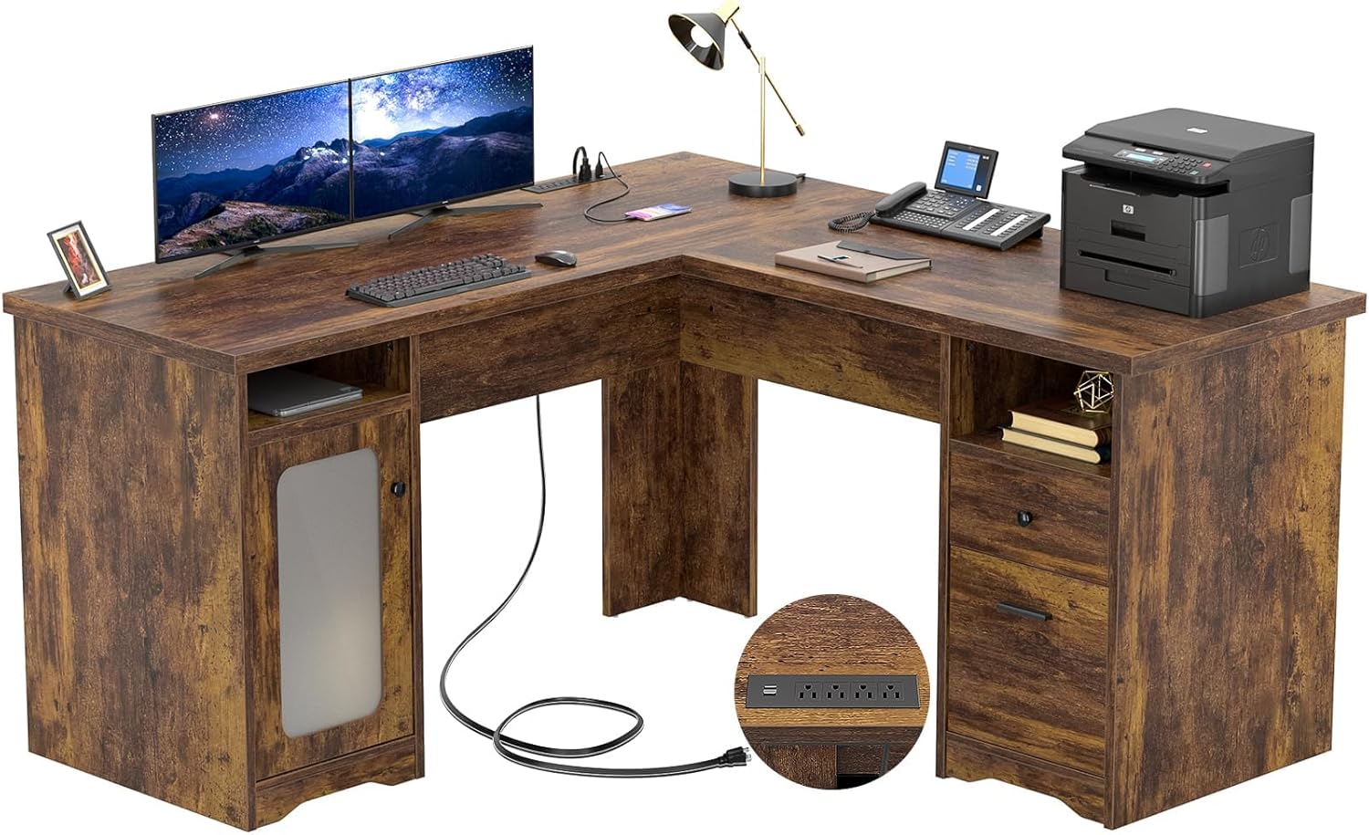 Unikito L Shaped Office Desk with Drawers, 60 Inch Corner Desk with Power Outlet and USB Charging Ports, Large Computer Desk with File Cabinets, Executive Desk with Storage Cabinet, Vintage Brown