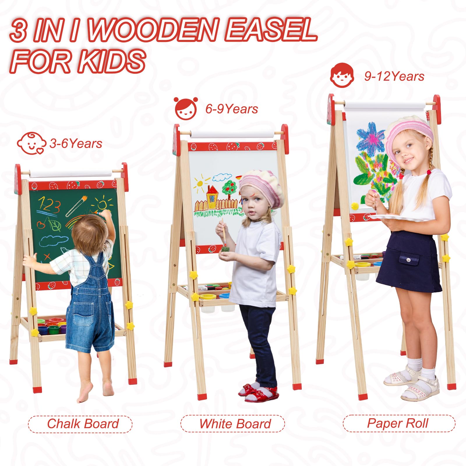 3 in 1 Lavagna per Bambini Cavalletto Pittura a Doppia Faccia con Rotolo di Carta, Altezza Regolabile 95-125cm Lavagna Pieghevole Multiattività con Vassoio di Stoccaggio e 100+ Accessoris da Disegno