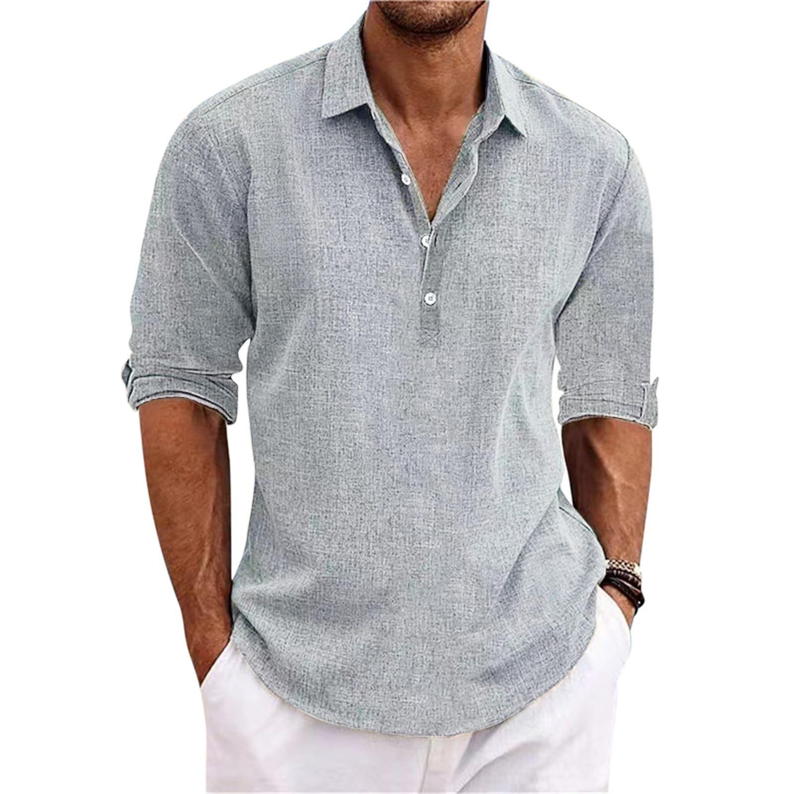 NIBESSER Camisa Lino Hombre Manga Larga Camisa Verano Hombre Elegante Camisa Slim Fit Hombre Casual con Botónes Camisas con Cuello Transpirable Color Sólido para Vacaciones Mar Playa