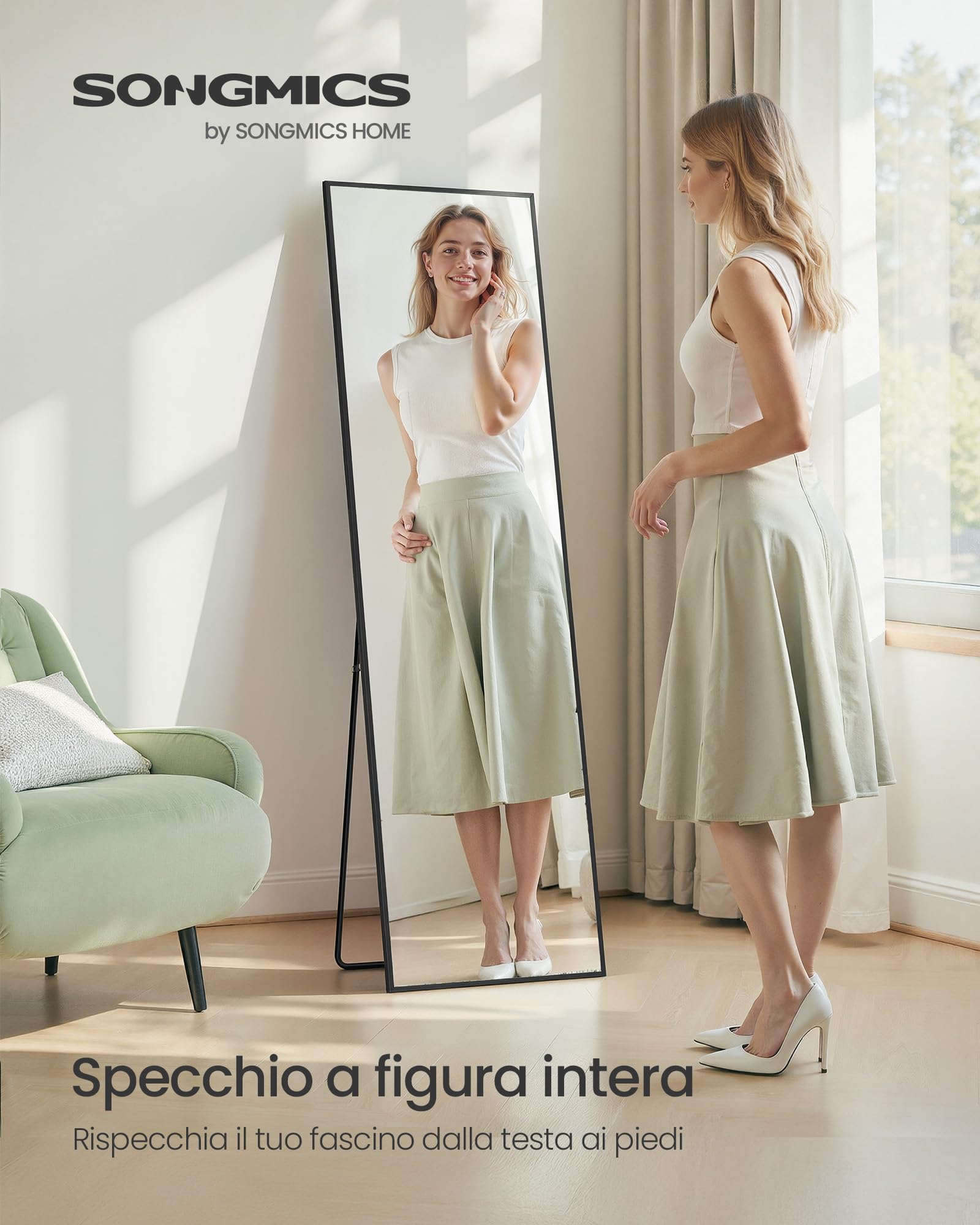SONGMICS Specchio a Figura Intera, 150 x 40 cm, Specchio da Terra Rettangolare con Supporto, Cornice in Lega di Alluminio, Vetro Temperato, Camera da Letto Soggiorno, Nero Inchiostro LFM054BD01 | Telaio in Lega di Alluminio, Acciaio, Vetro a Specchio, Ang